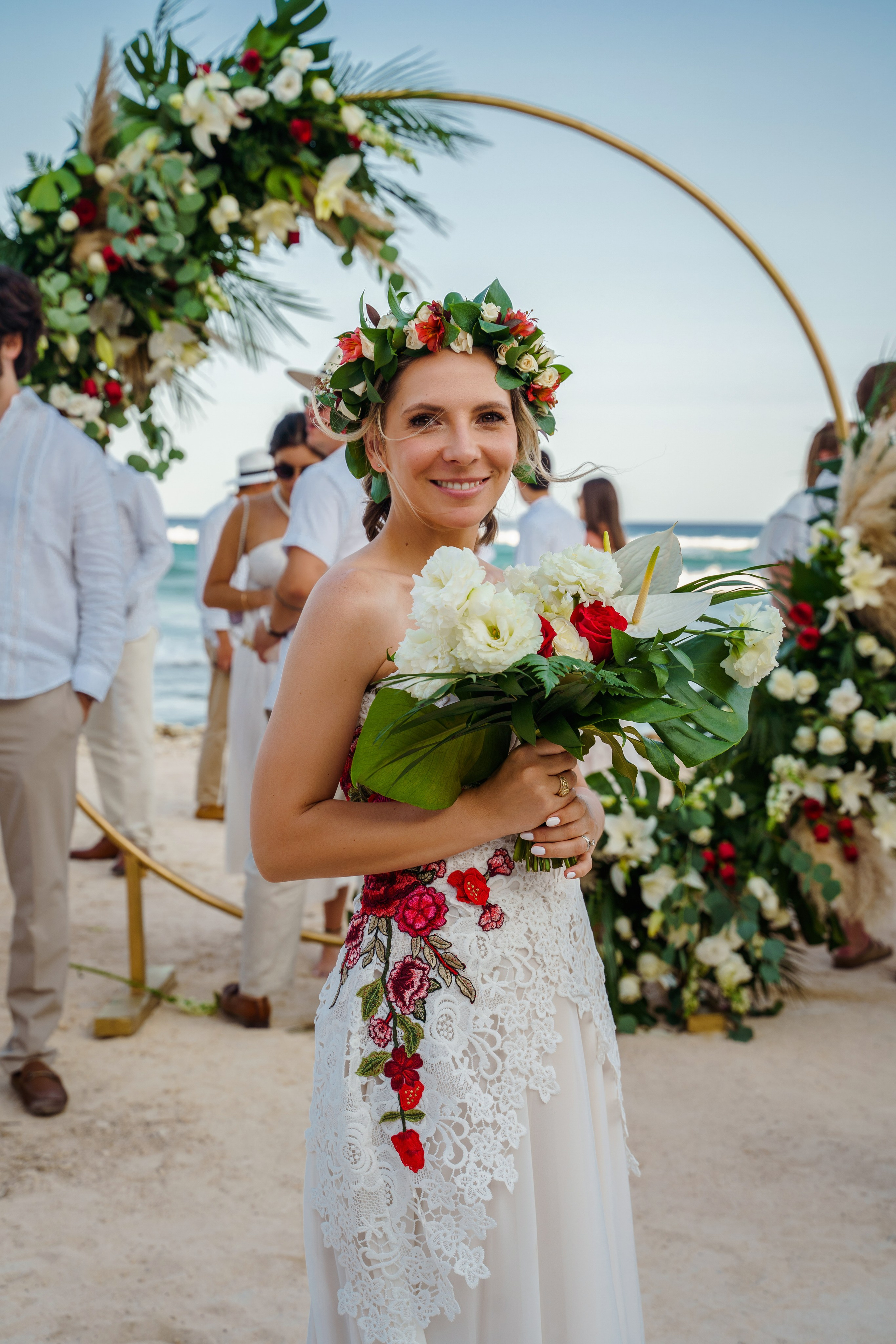 Bride walking on beach at Cancun wedding
