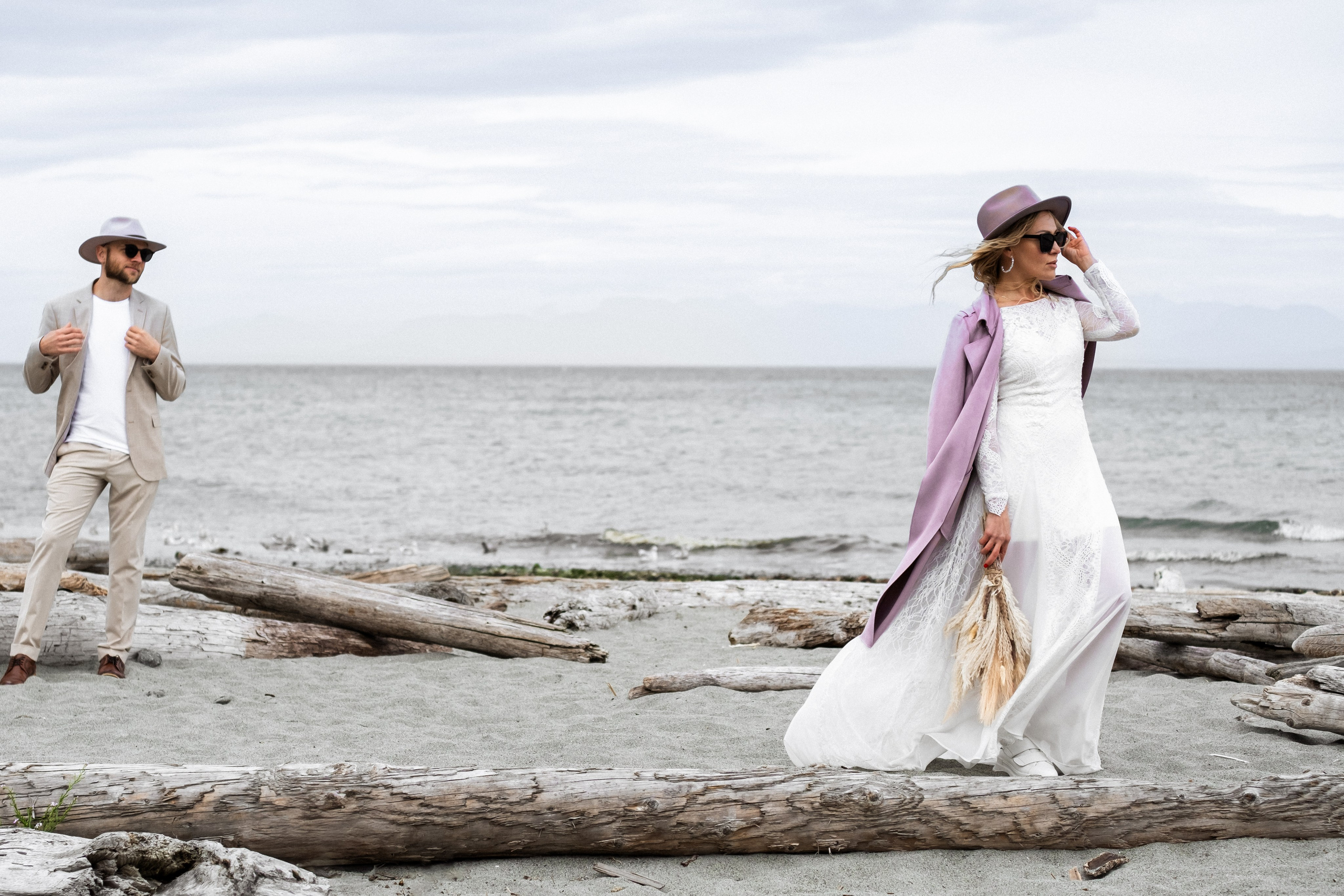 intimate couple moment captured in open field, Vancouver Island