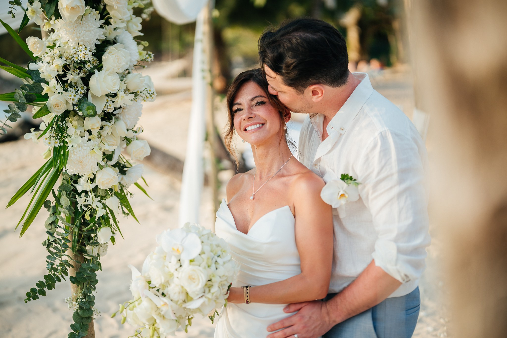Romantic just for 2 beach wedding in Koh Samui, Thailand, featuring an intimate elopement ceremony with tropical ocean views and floral decor.