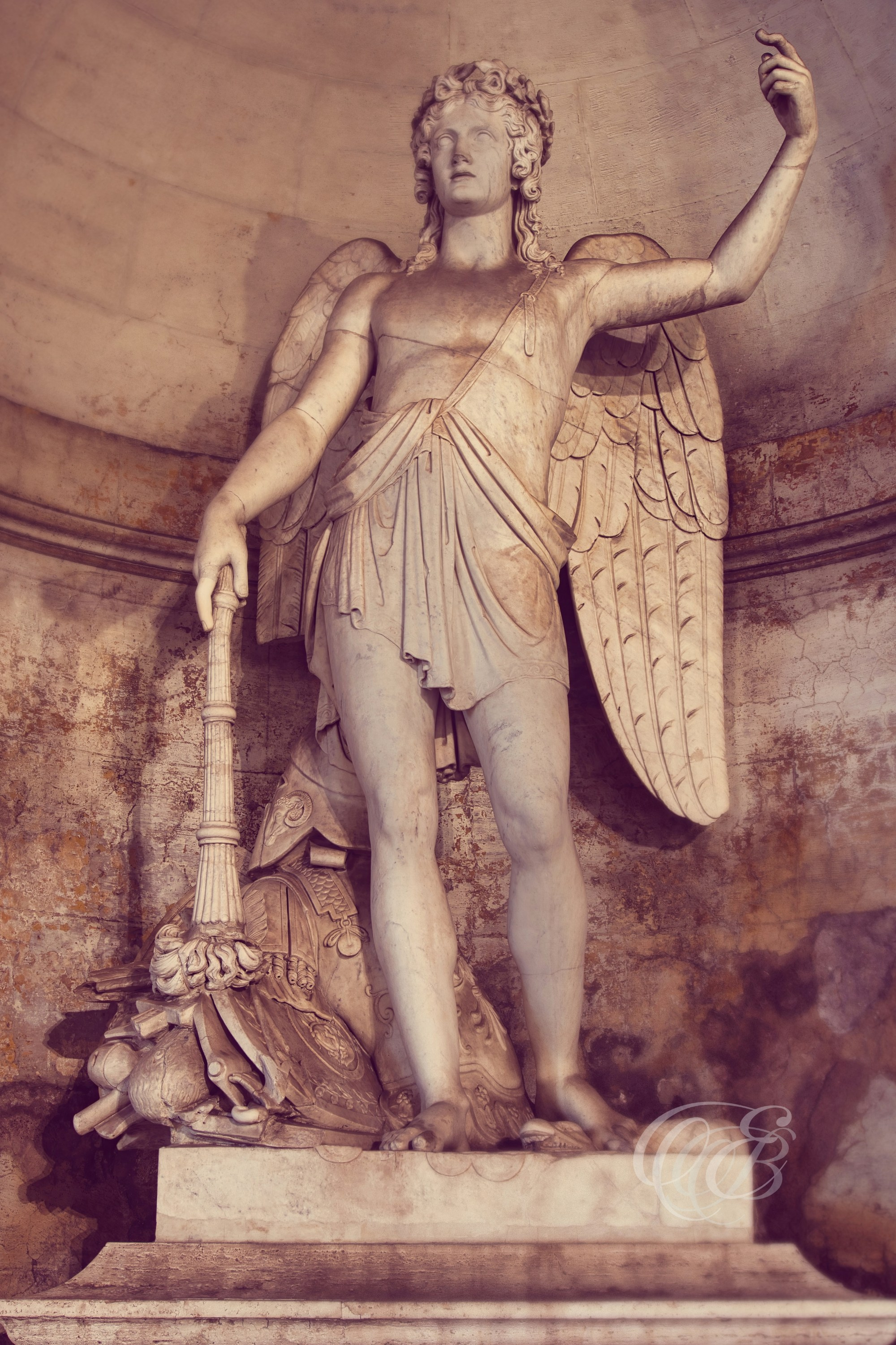 ITALY TRAVEL PHOTOGRAPHY – ITALY – ROME — Angel Sculpture at Pincian Hill, Piazza del Popolo — Angel statue overlooking Piazza del Popolo from the Pincian Hill viewpoint, surrounded by historic architecture and landscaped gardens, Rome, Italy — Eduardo Bartoli Photography.