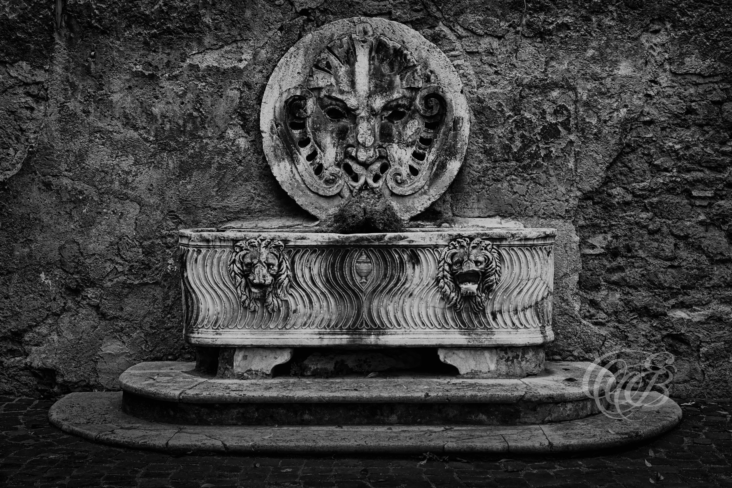 Rome Italy - Mattei Palace of Jupiter - Ancient Roman mask - Eduardo Bartoli Fine Art Photography - Black and white fine art photograph of a classic Roman marble fountain with an ancient Roman mask, Rome, Italy – photography by Eduardo Bartoli.