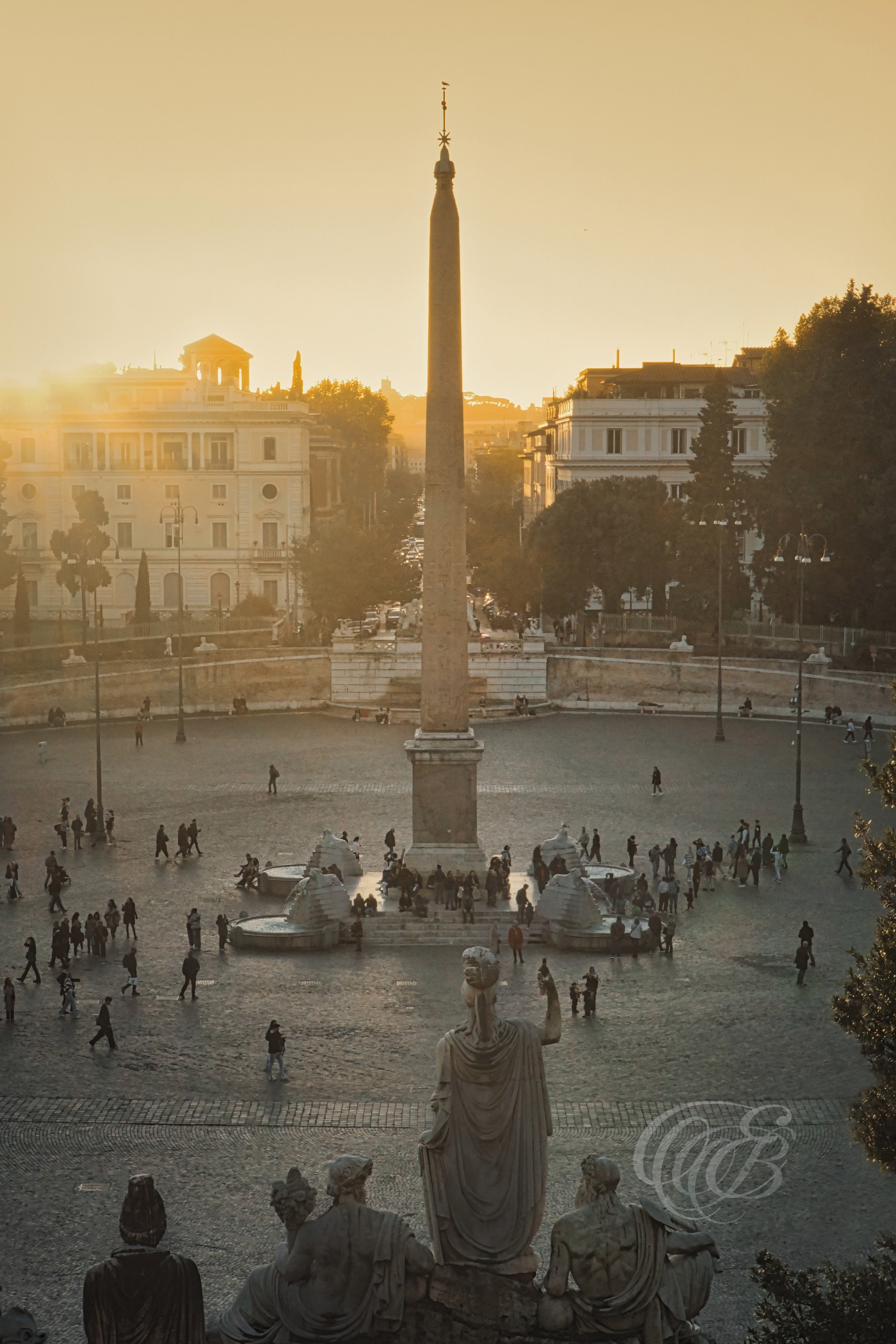 Rome, Italy—Sunset in Piazza del Popolo—Eduardo Bartoli Photography—Photograph of Piazza del Popolo, historic Roman square redesigned by Giuseppe Valadier between 1811 and 1822—Rome, Italy—Sunset in Piazza del Popolo—Eduardo Bartoli Photography.