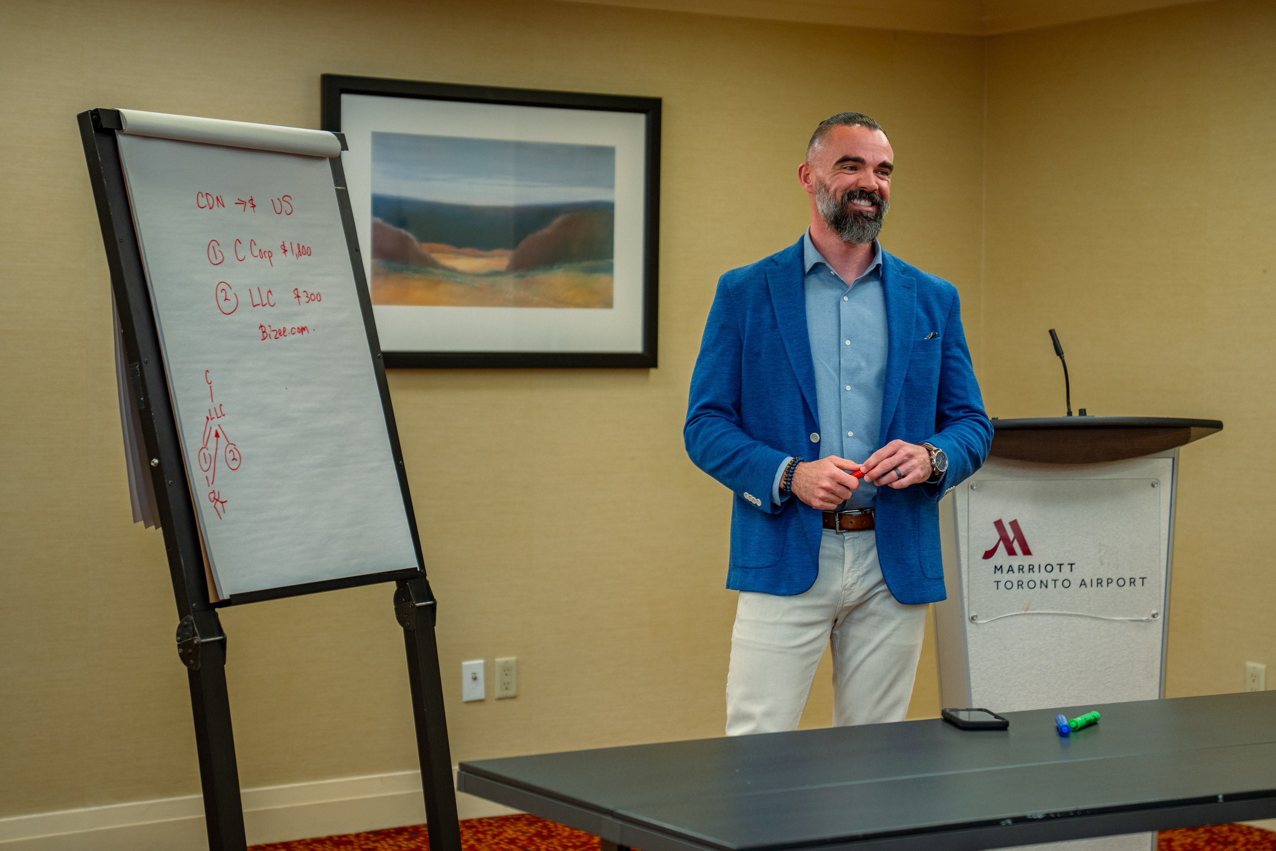 Matt Poechman speaking beside flip chart at networking event