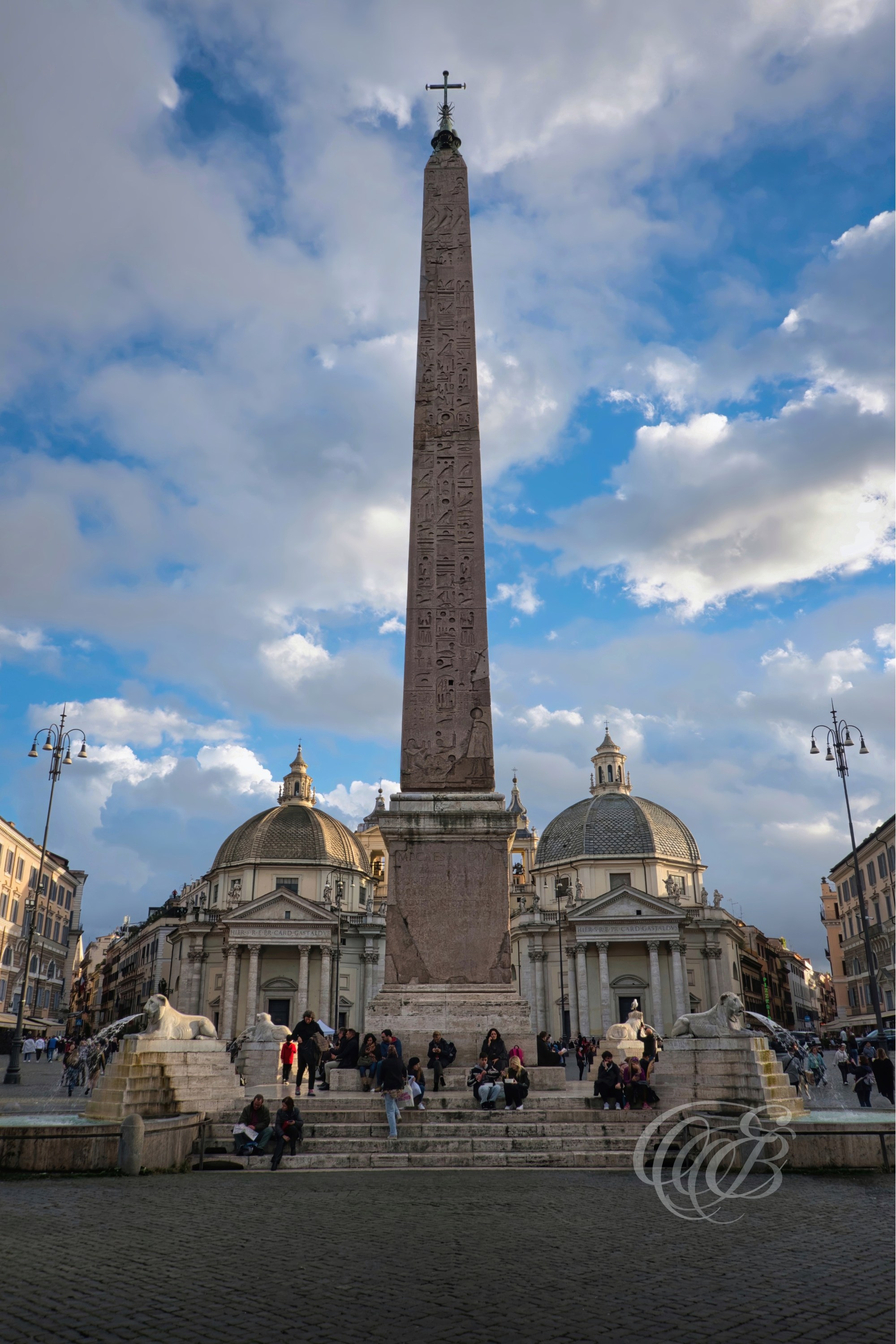 ITALY TRAVEL PHOTOGRAPHY – ITALY – ROME — Piazza del Popolo at Sunset — Historic Roman square featuring central obelisk, twin churches, and surrounding Renaissance architecture illuminated by evening light, Rome, Italy — Eduardo Bartoli Photography.