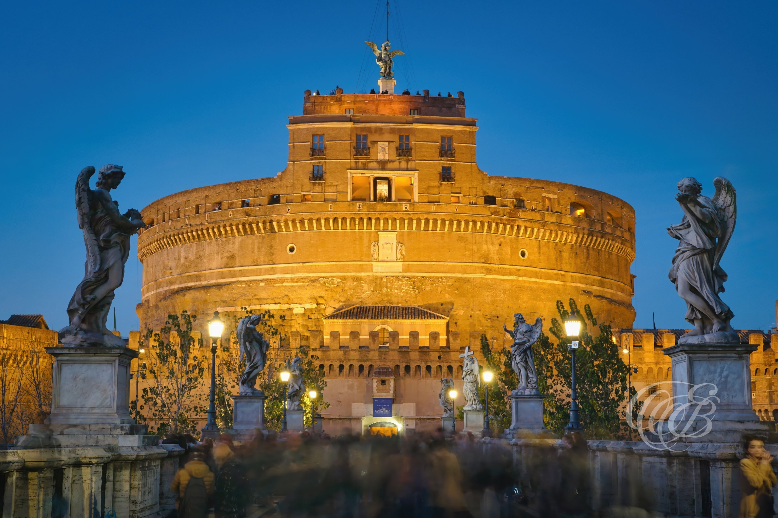 ITALY TRAVEL PHOTOGRAPHY – ITALY – ROME — Castel Sant’Angelo at Evening — Historic fortress originally built as the Mausoleum of Emperor Hadrian, located on the Tiber River and connected by Ponte Sant’Angelo, Rome, Italy — Eduardo Bartoli Photography.