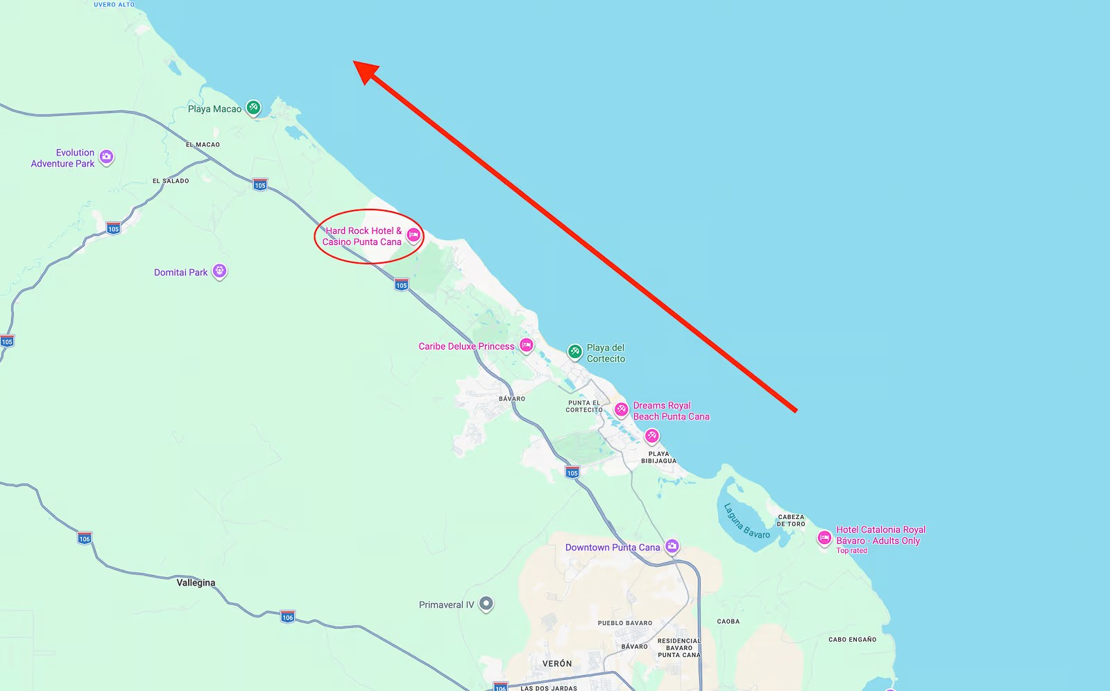 Areas of Bavaro Beach with the least Sargassum seaweed