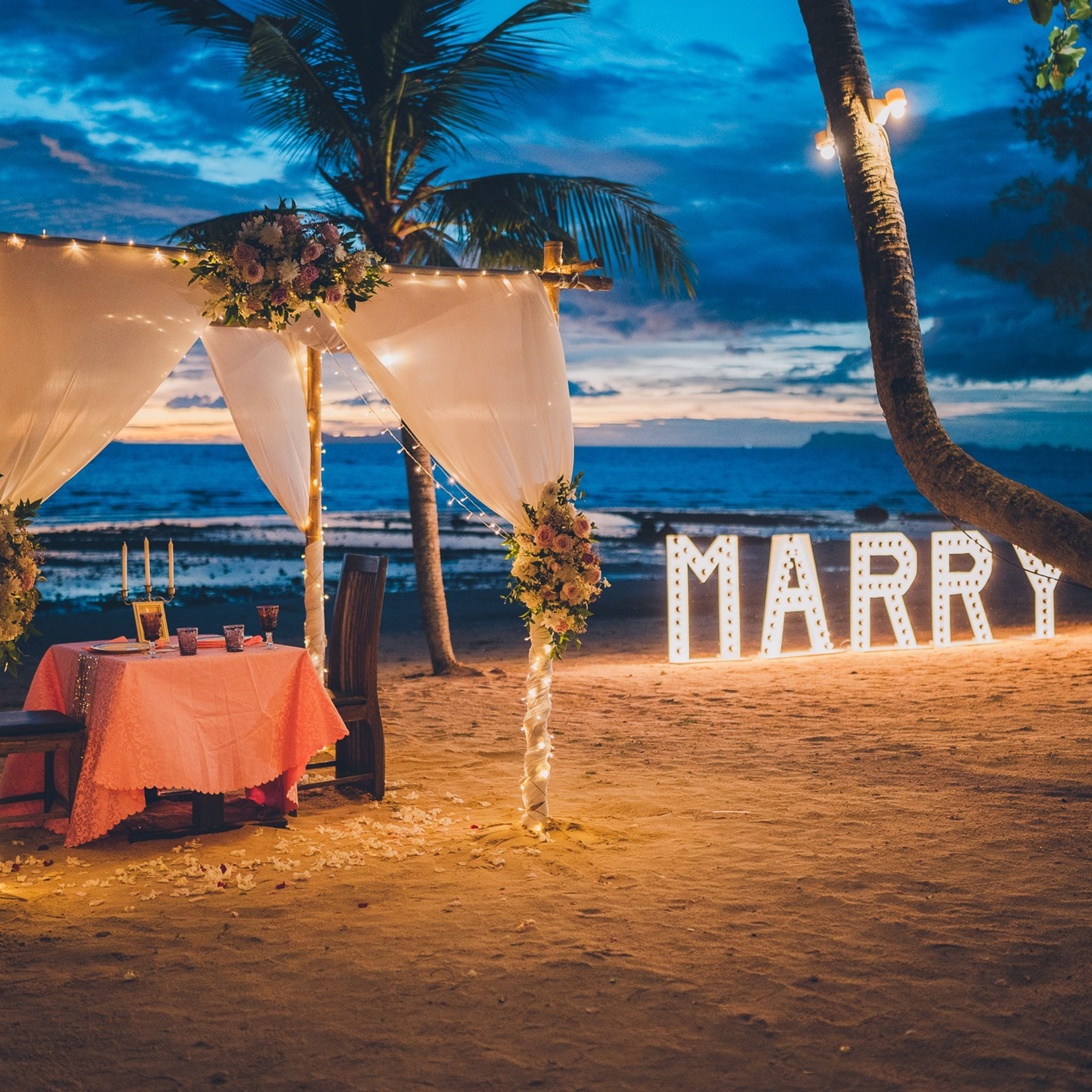 Luxury beach proposal in Koh Samui, Thailand. Private sunset setup with candles, flowers, and ocean view for an unforgettable engagement experience.
