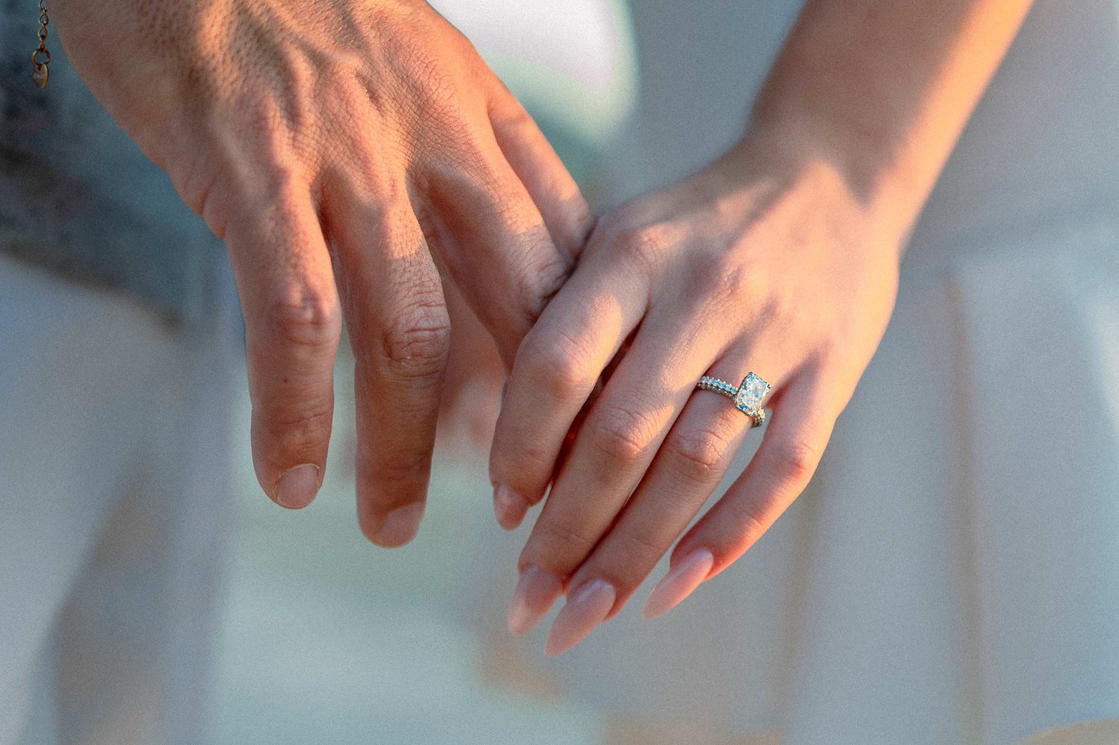 Close-up of a newly engaged woman’s hand with her engagement ring after a romantic proposal in Pattaya.