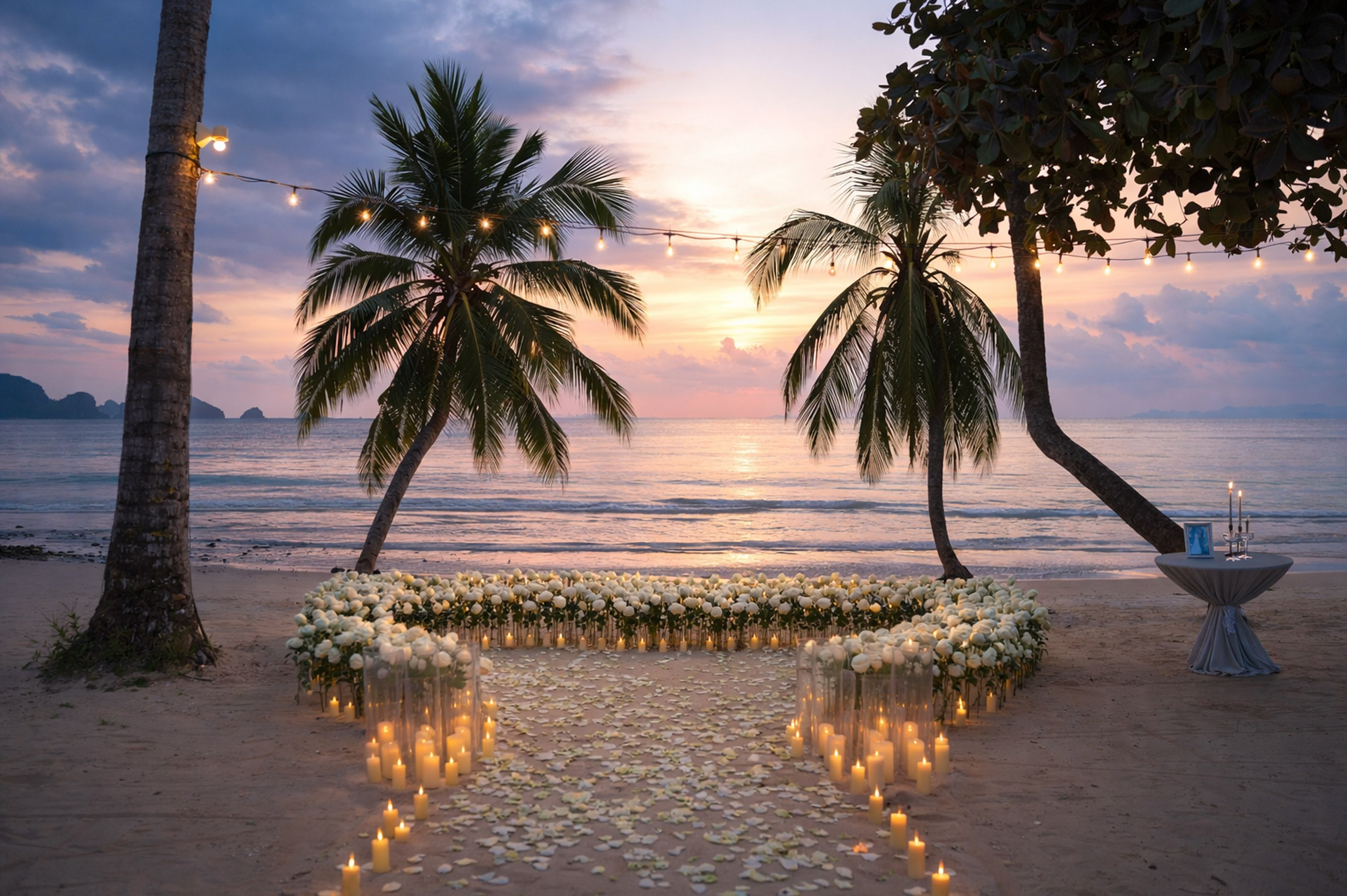 Luxury marriage proposal on a private beach in Koh Samui with flower decorations and romantic lighting.
