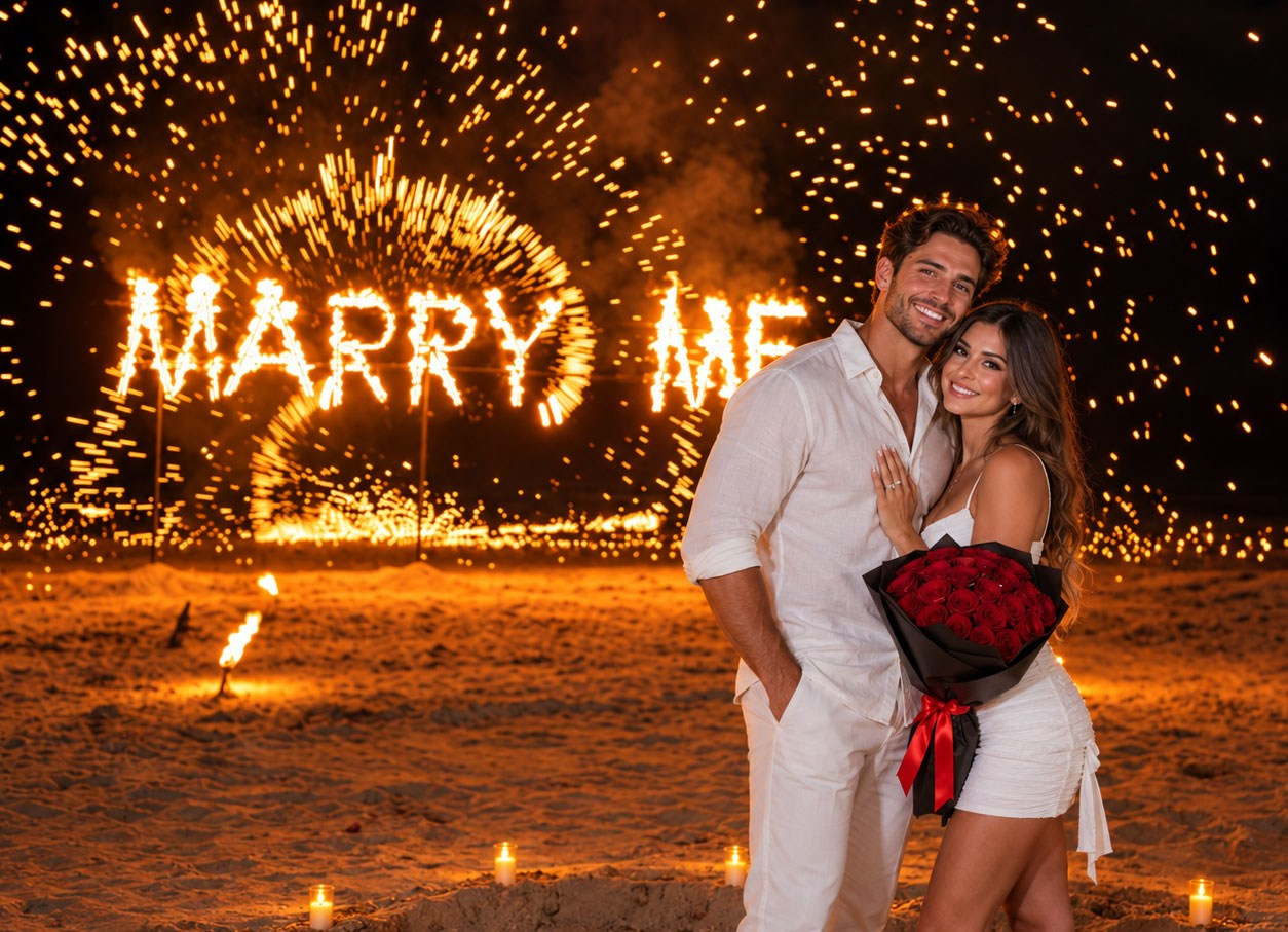 Couple celebrating a marriage proposal on the beach in Pattaya with a spectacular fire show and glowing “Marry Me” sign.