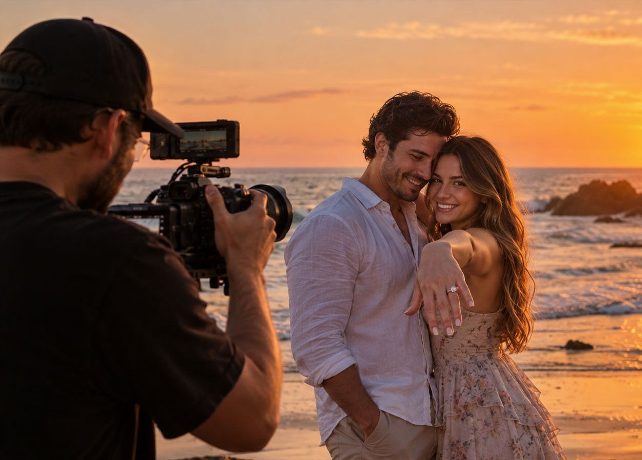 Professional videographer filming a romantic couple during a beach proposal in Pattaya at sunset.