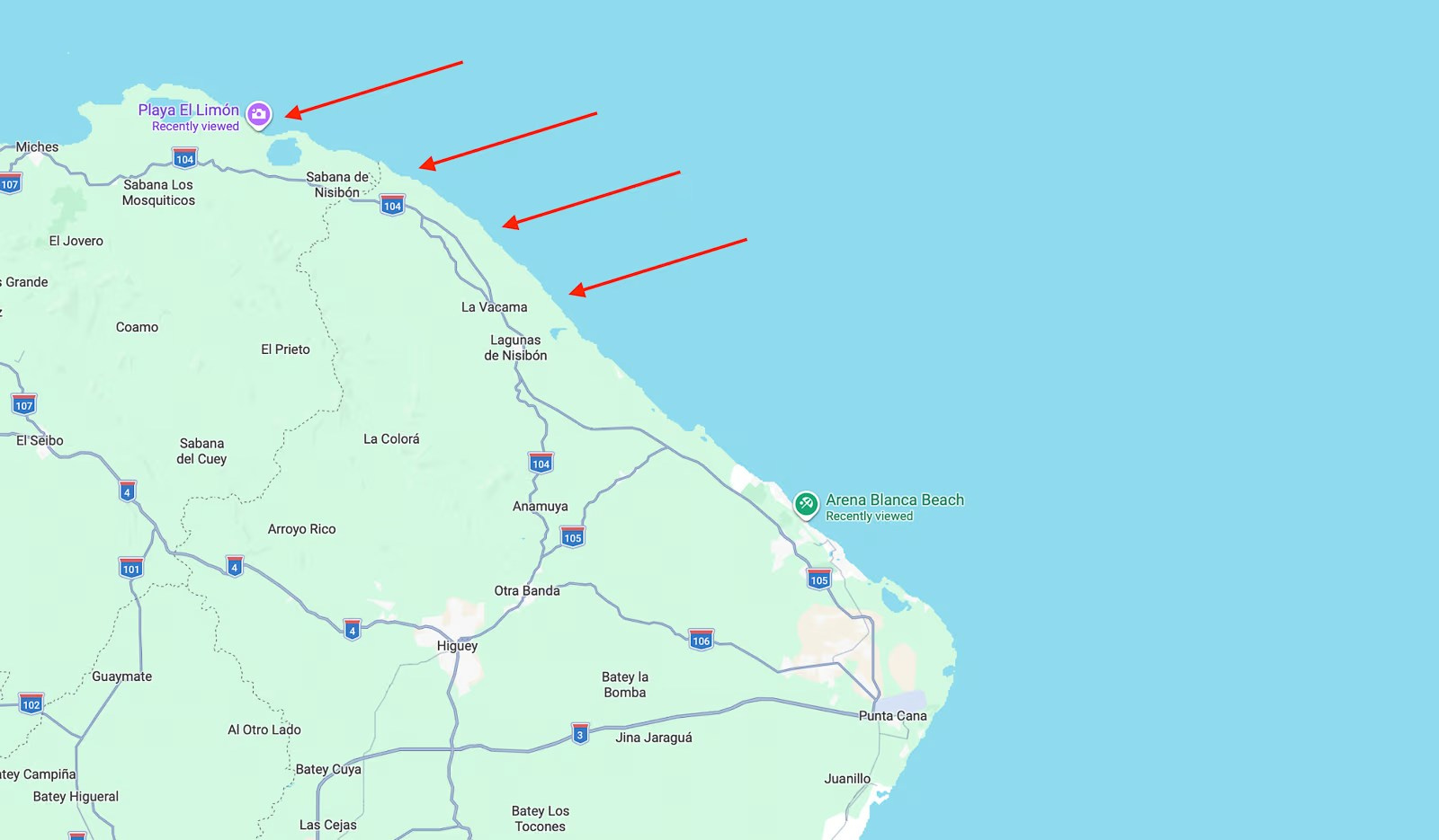 Map of wild beaches near Bavaro that usually have less sargassum