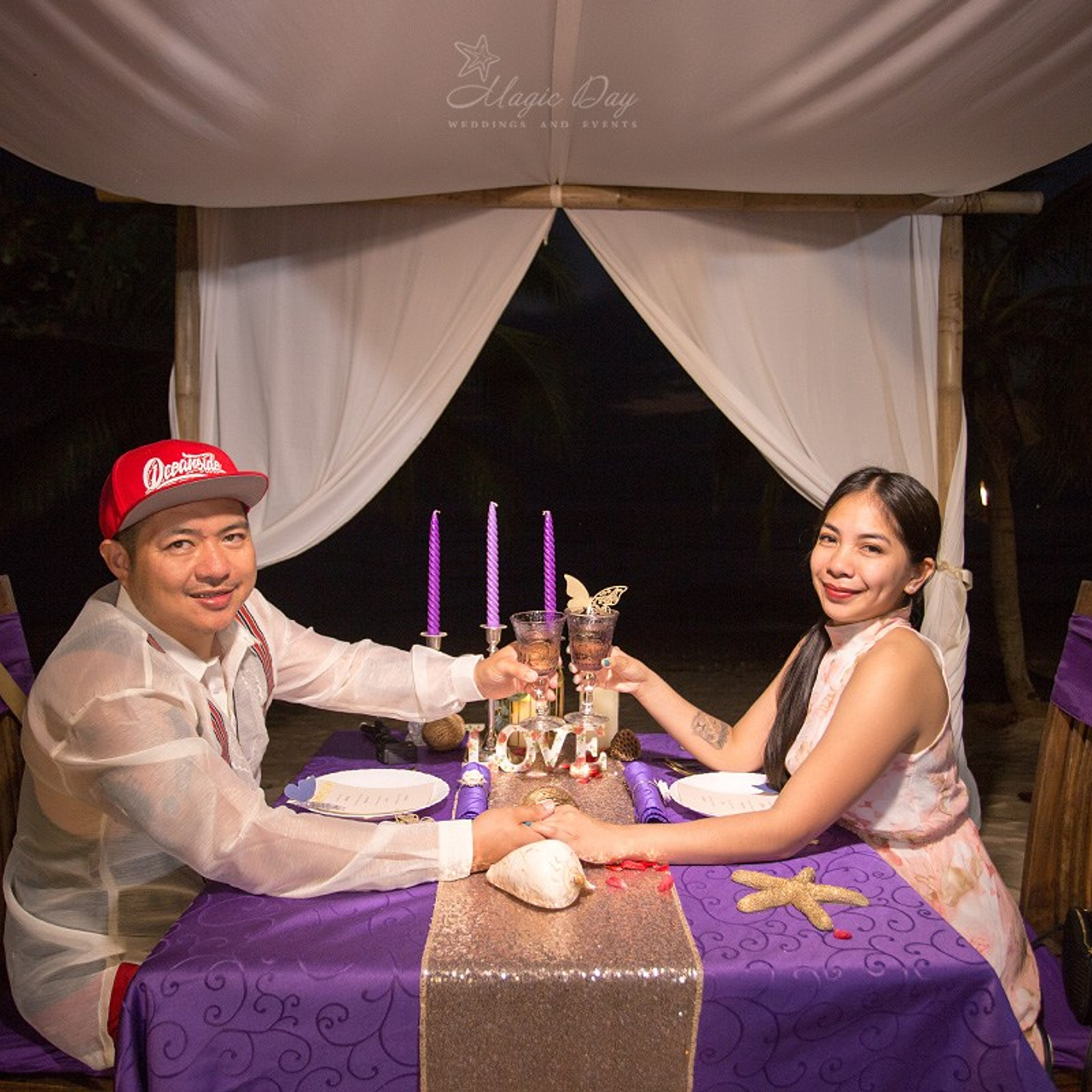 Luxury beach proposal in Koh Samui, Thailand. Private sunset setup with candles, flowers, and ocean view for an unforgettable engagement experience.