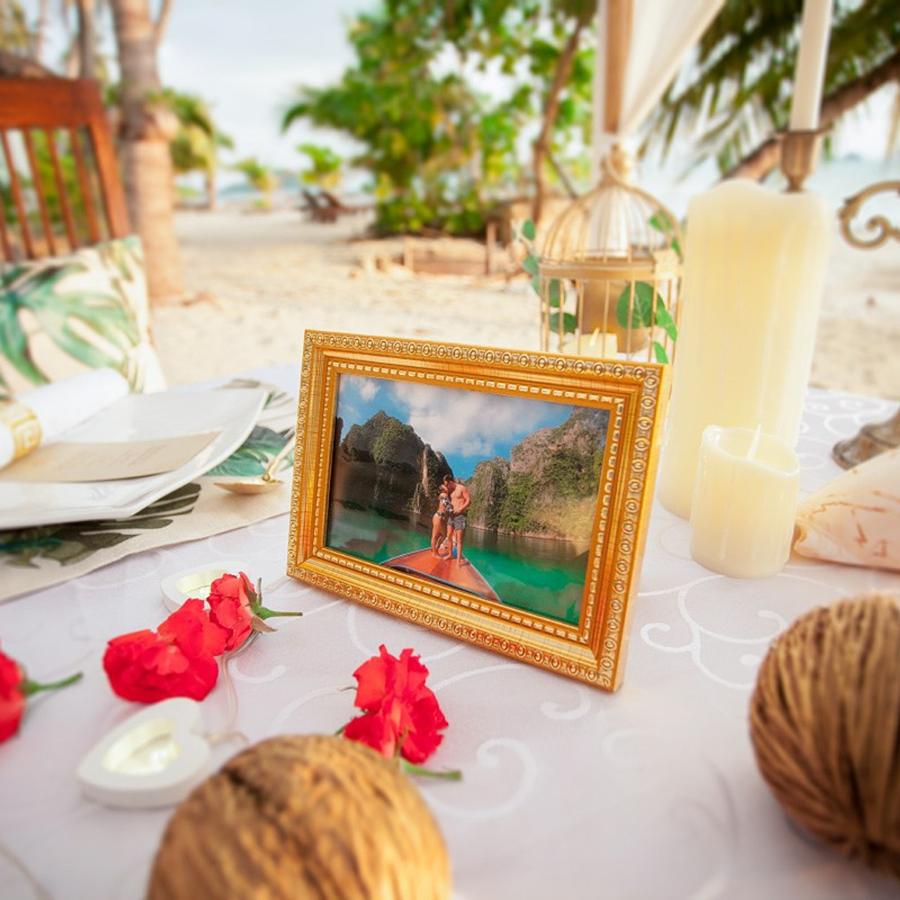 Luxury beach proposal in Koh Samui, Thailand. Private sunset setup with candles, flowers, and ocean view for an unforgettable engagement experience.