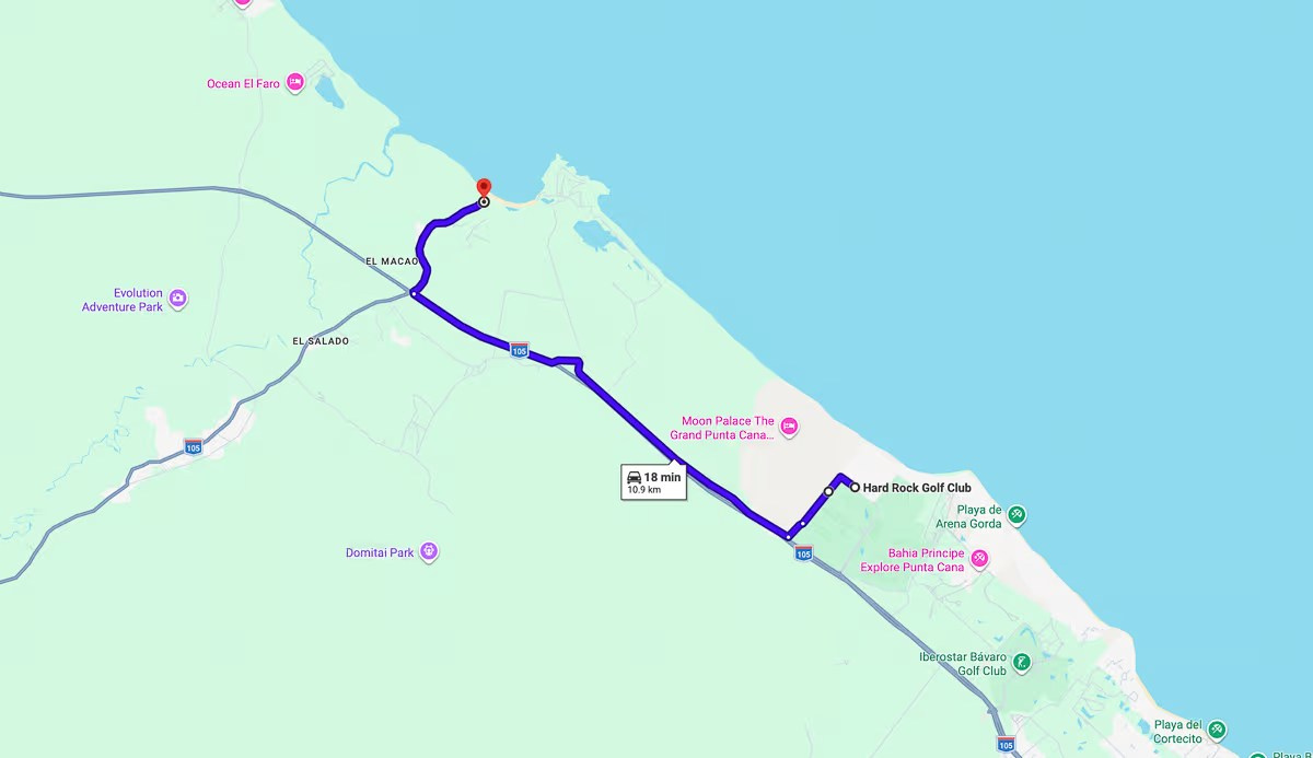 Ruta desde Hard Rock Punta Cana hasta la playa de Macao para una sesión de fotos