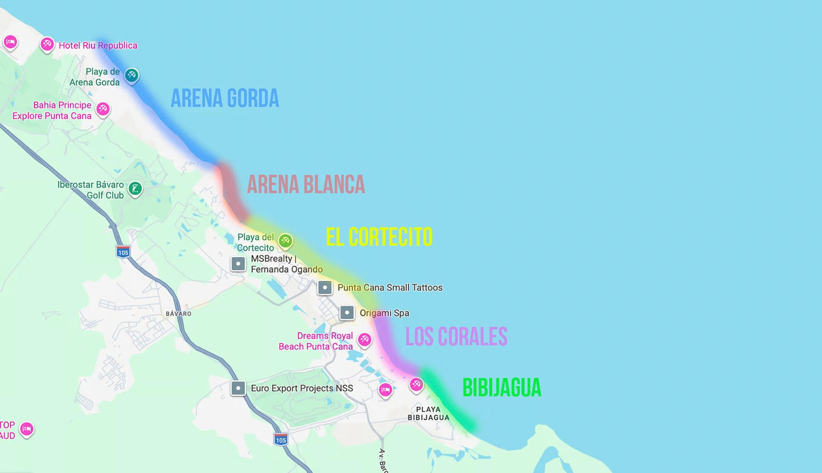 Map showing all beach areas that make up Bavaro Beach