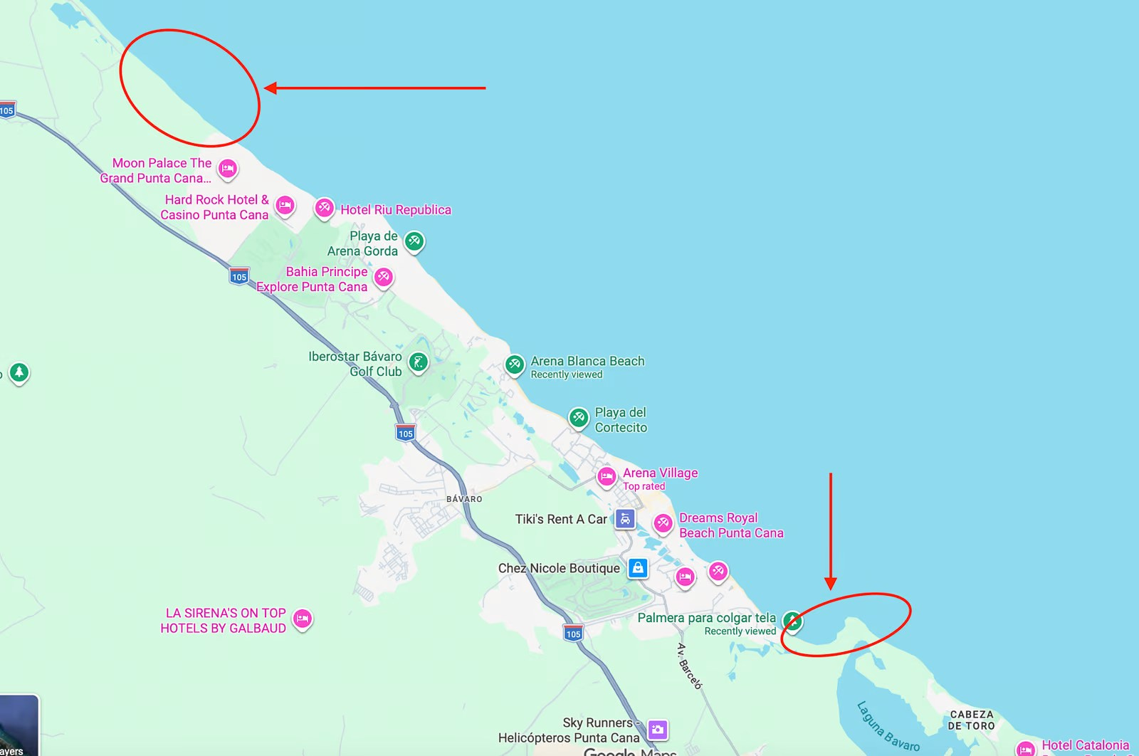 Map showing the quietest areas of Bavaro Beach