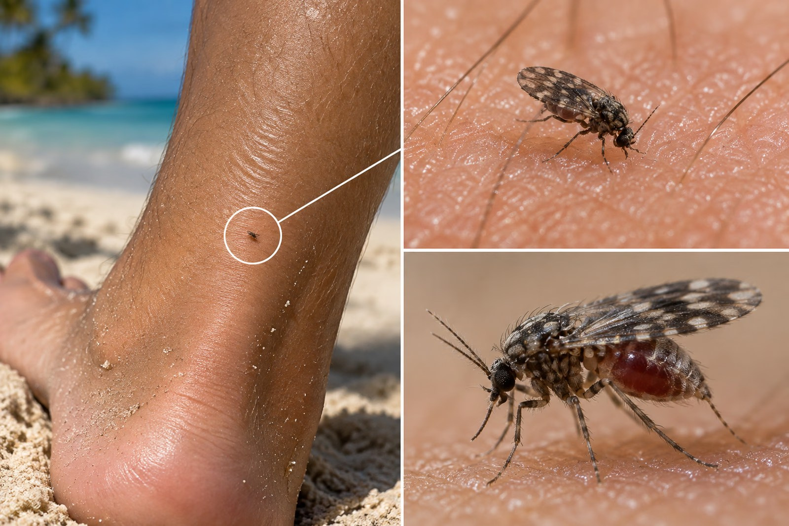 Tiny no-see-um biting a person’s leg in the Dominican Republic