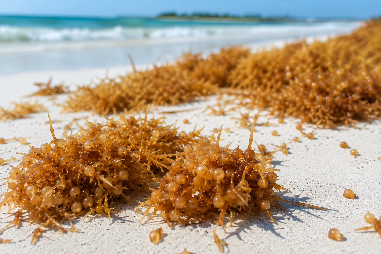 Small sharp thorns among Sargassum seaweed on the beach
