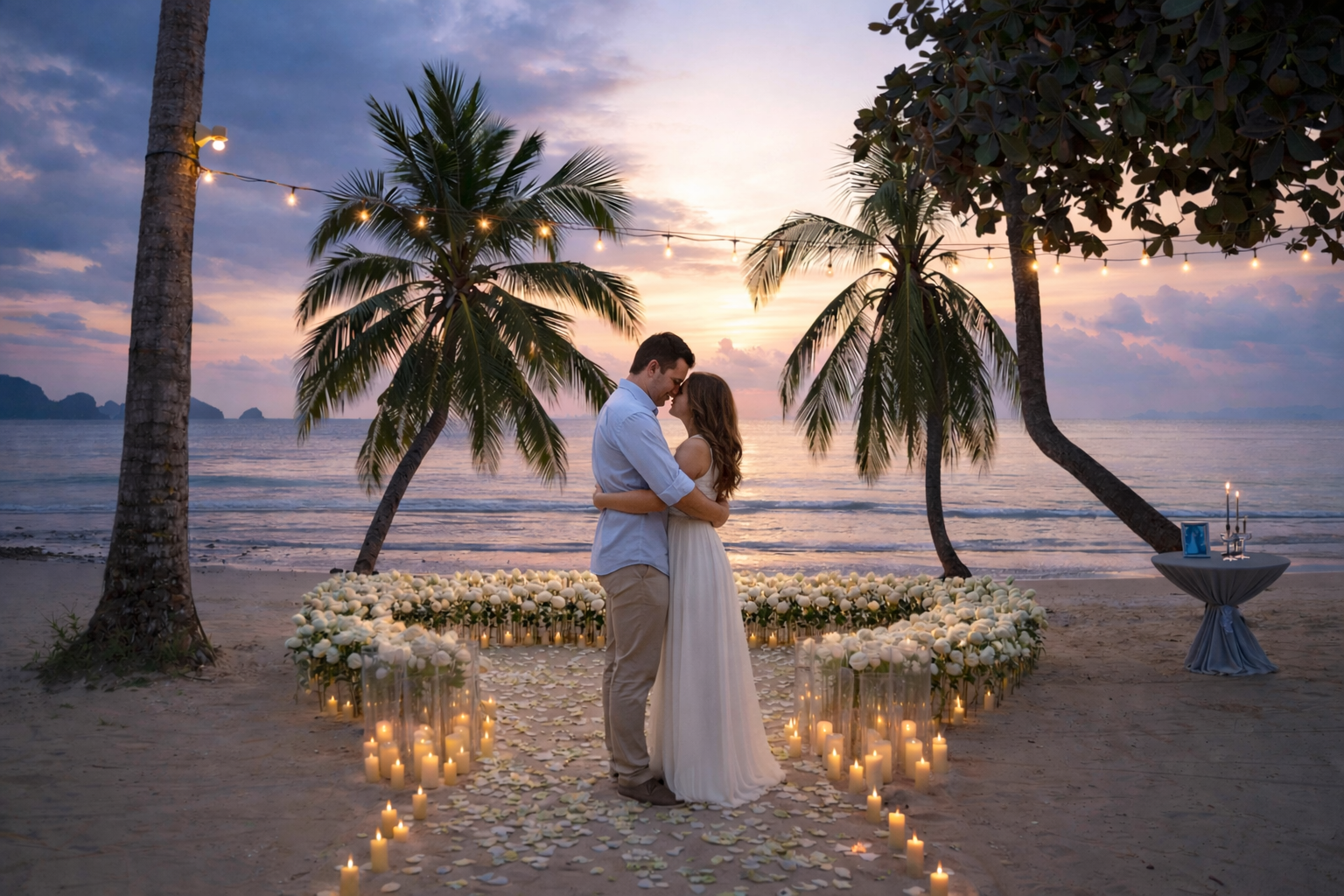 Elegant “Marry Me” beach proposal setup in Koh Samui with rose petals and tropical decor.