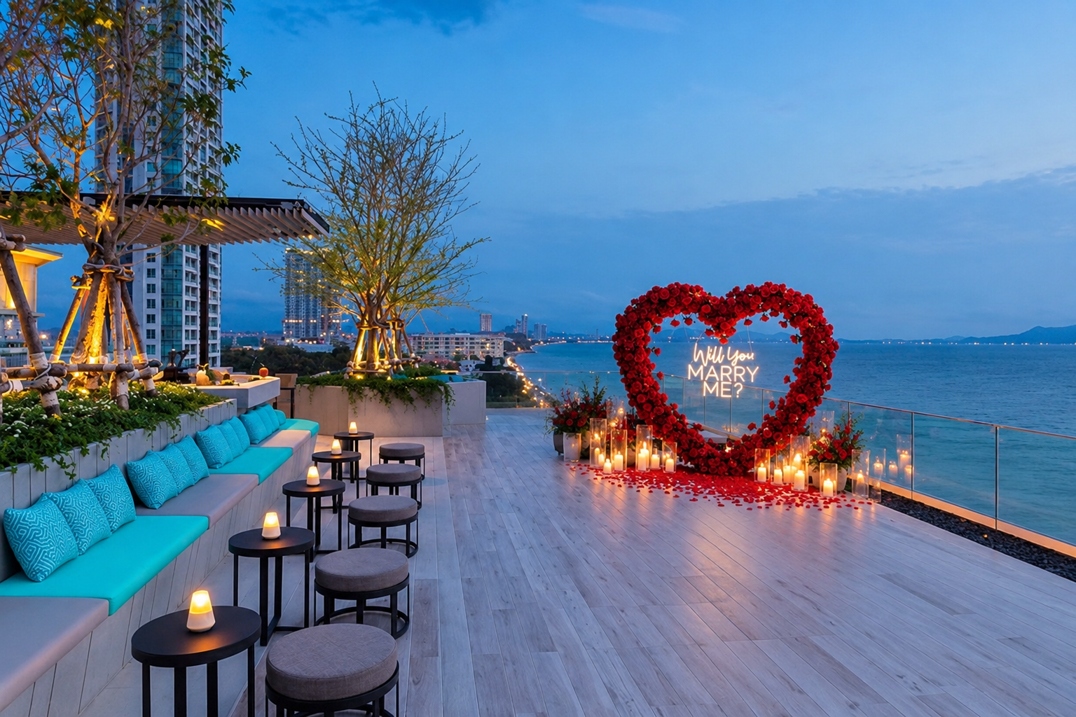 Romantic rooftop marriage proposal in Pattaya with city lights, elegant decorations and a couple celebrating their engagement.