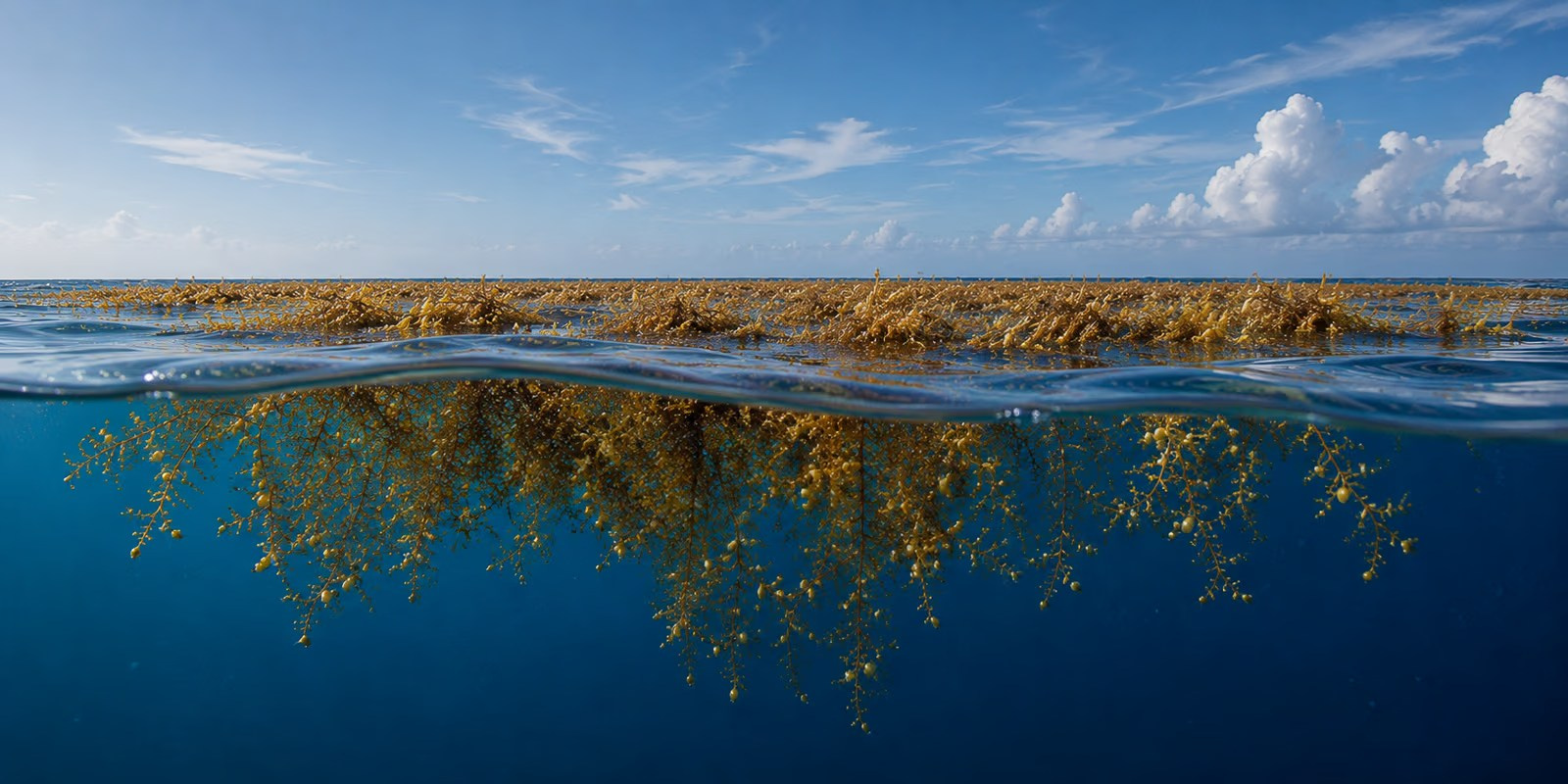 Sargassum seaweed floating in clear ocean water
