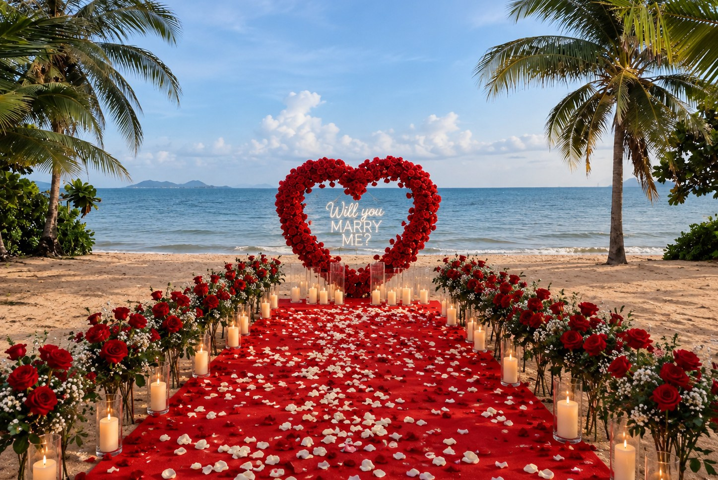Romantic beach proposal setup in Pattaya with a red heart-shaped floral arch, white flowers, candles and rose petals by the sea.
