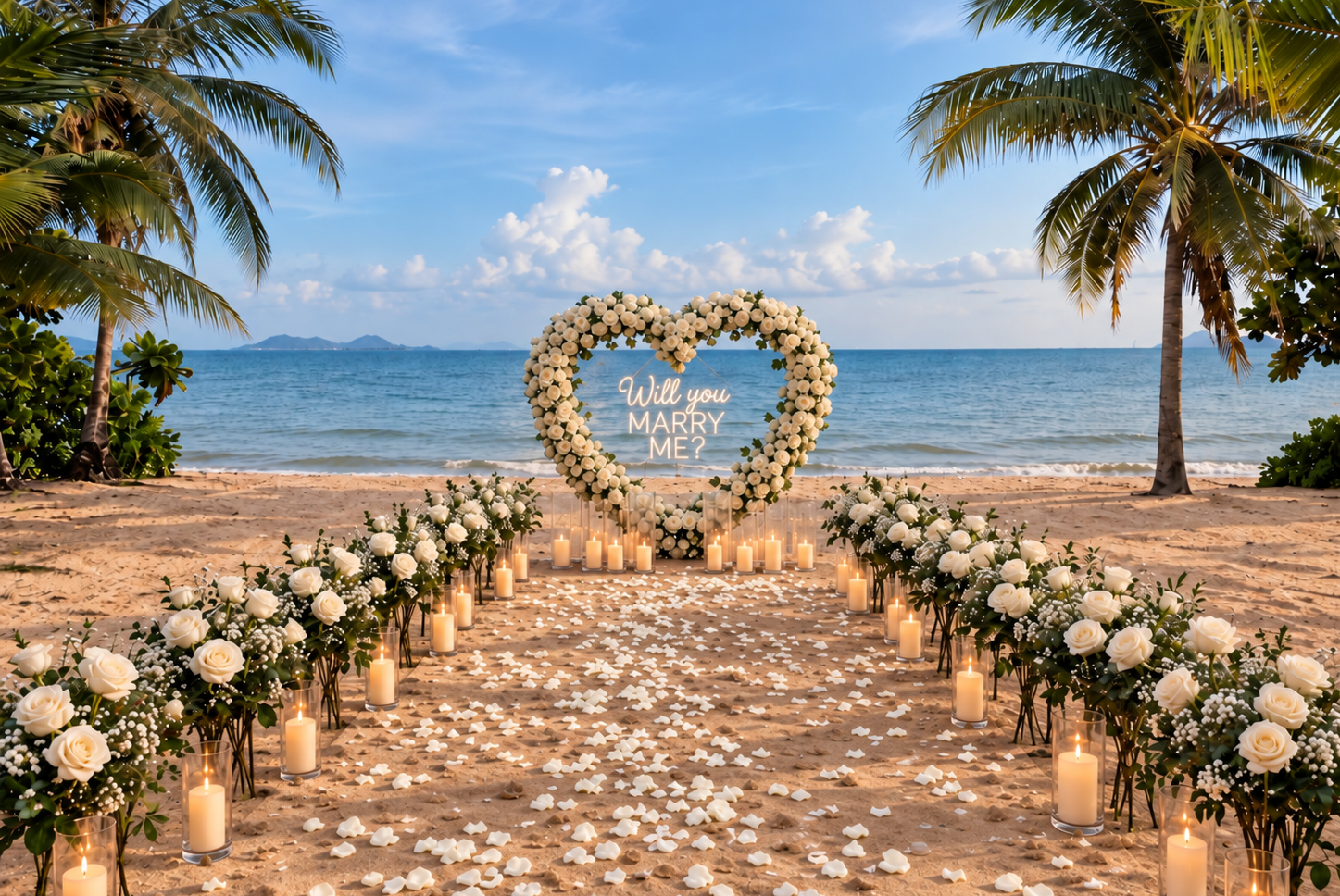 Romantic beach proposal setup in Pattaya with white heart-shaped floral arch, white flowers, candles and rose petals by the sea.