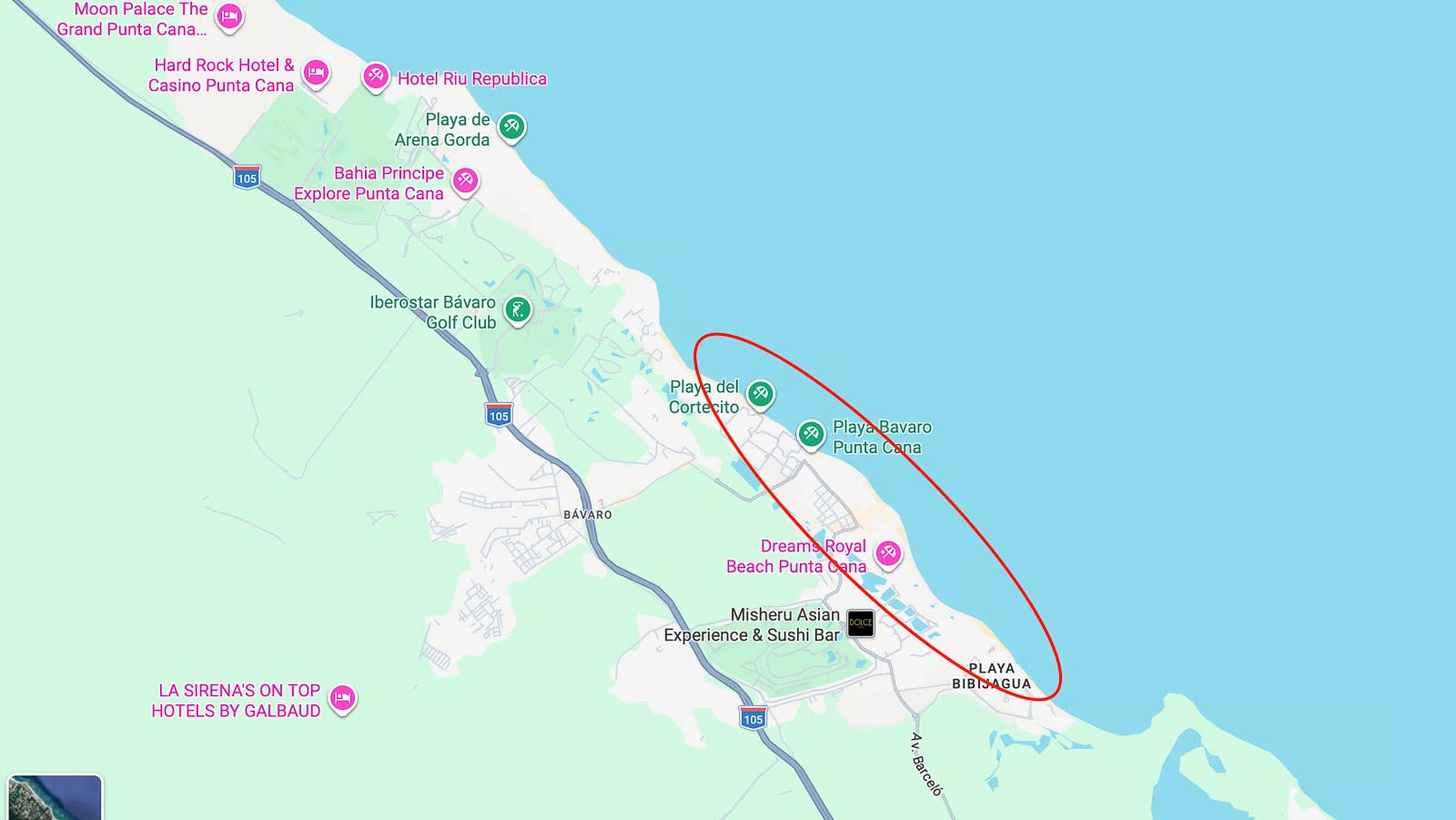 Map of sunrise photoshoot locations on Bavaro Beach