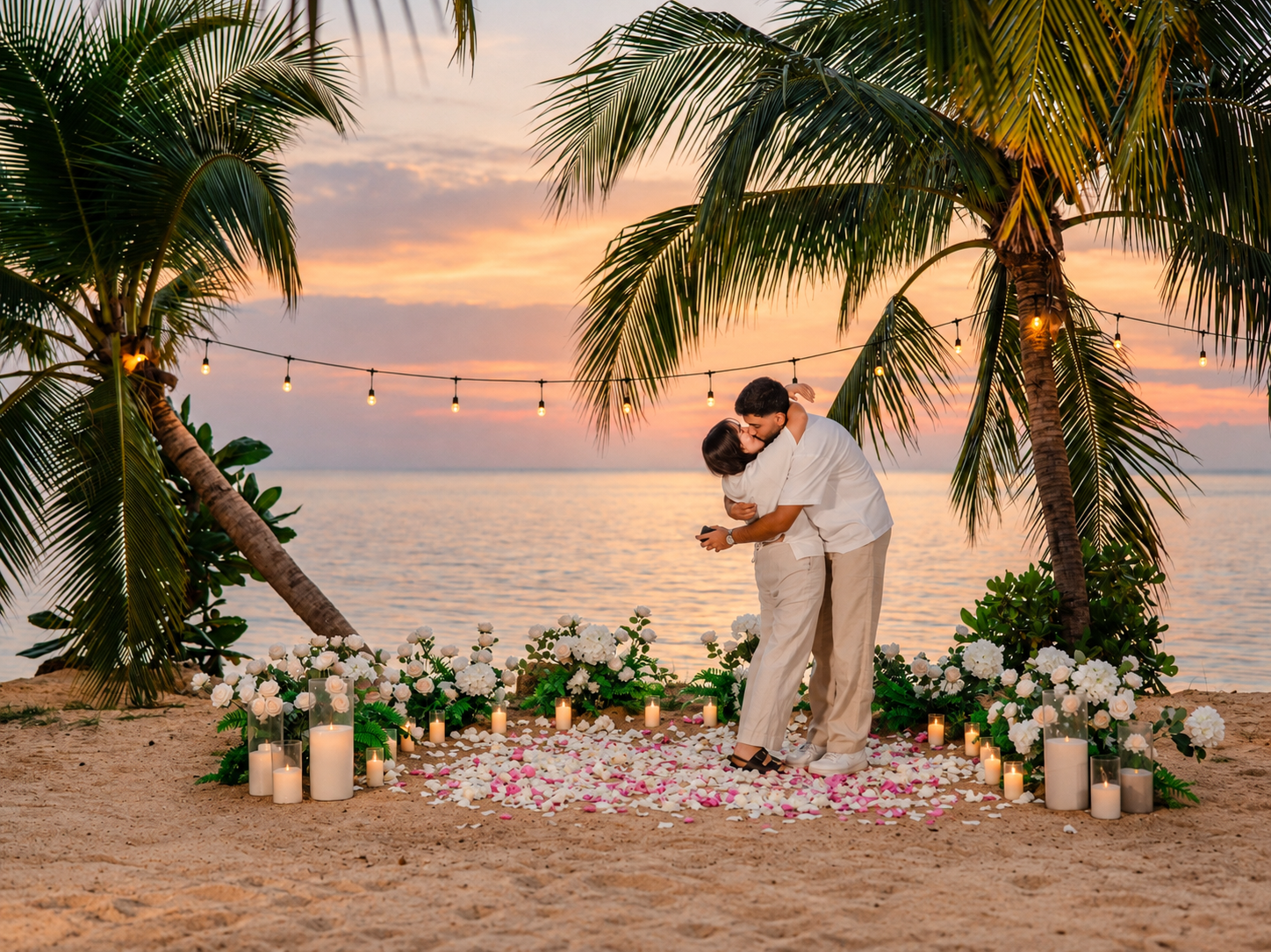 Elegant “Marry Me” beach proposal setup in Koh Samui with rose petals and tropical decor.