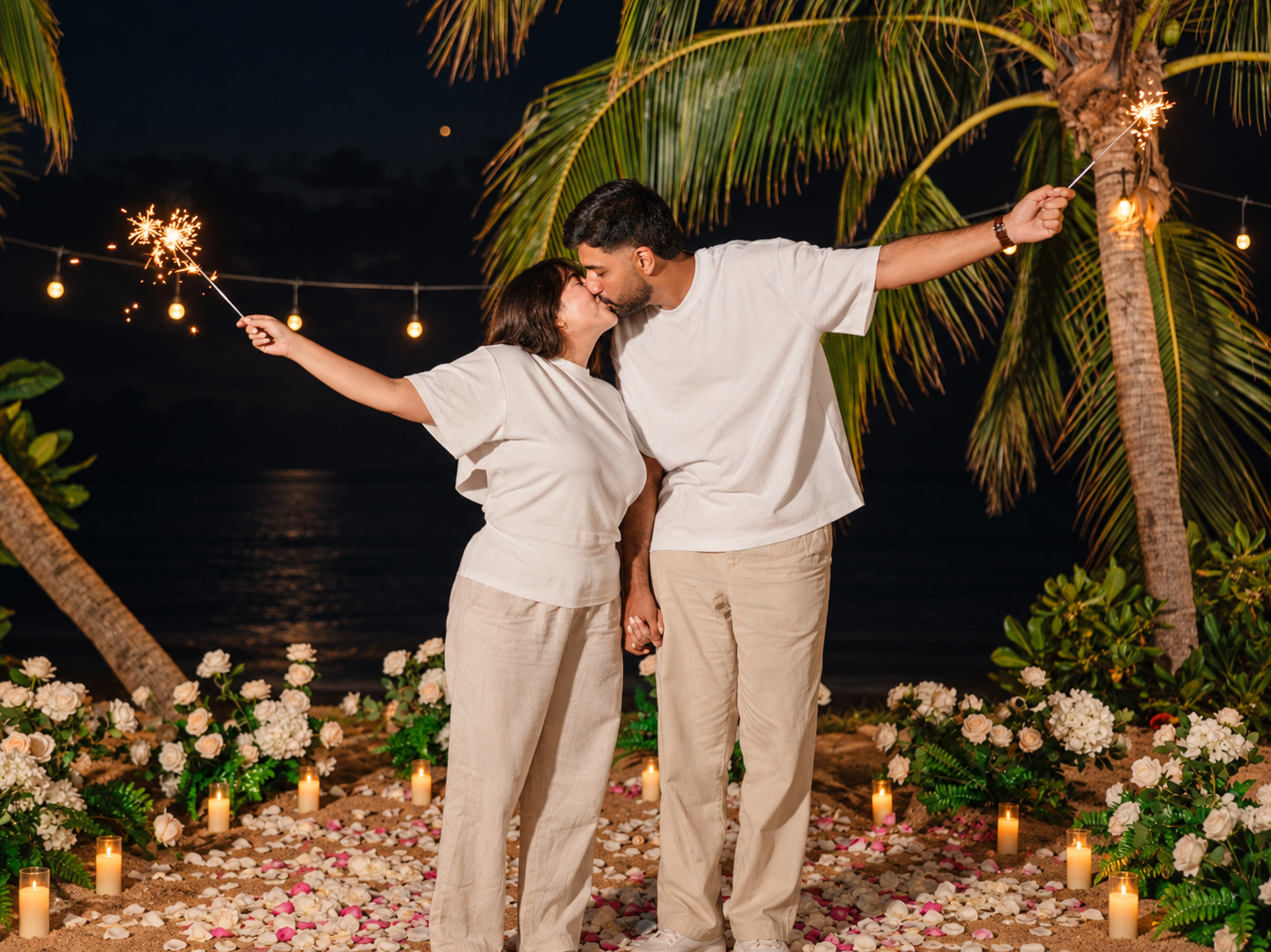 Luxury marriage proposal on a private beach in Koh Samui with flower decorations and romantic lighting.