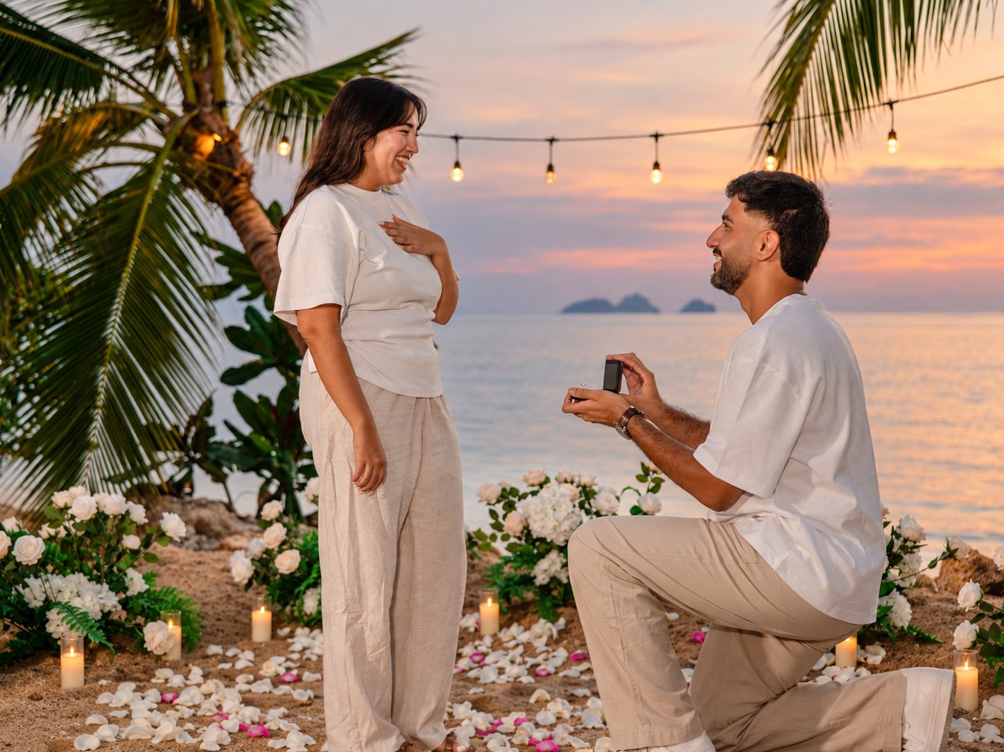 Romantic beach proposal setup in Koh Samui, Thailand with candles, flowers and ocean sunset view.