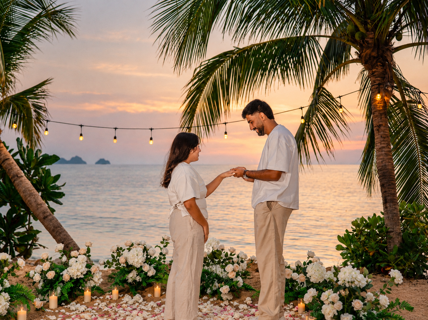 Romantic dinner and proposal setup on Koh Samui beach for couples celebrating engagement.