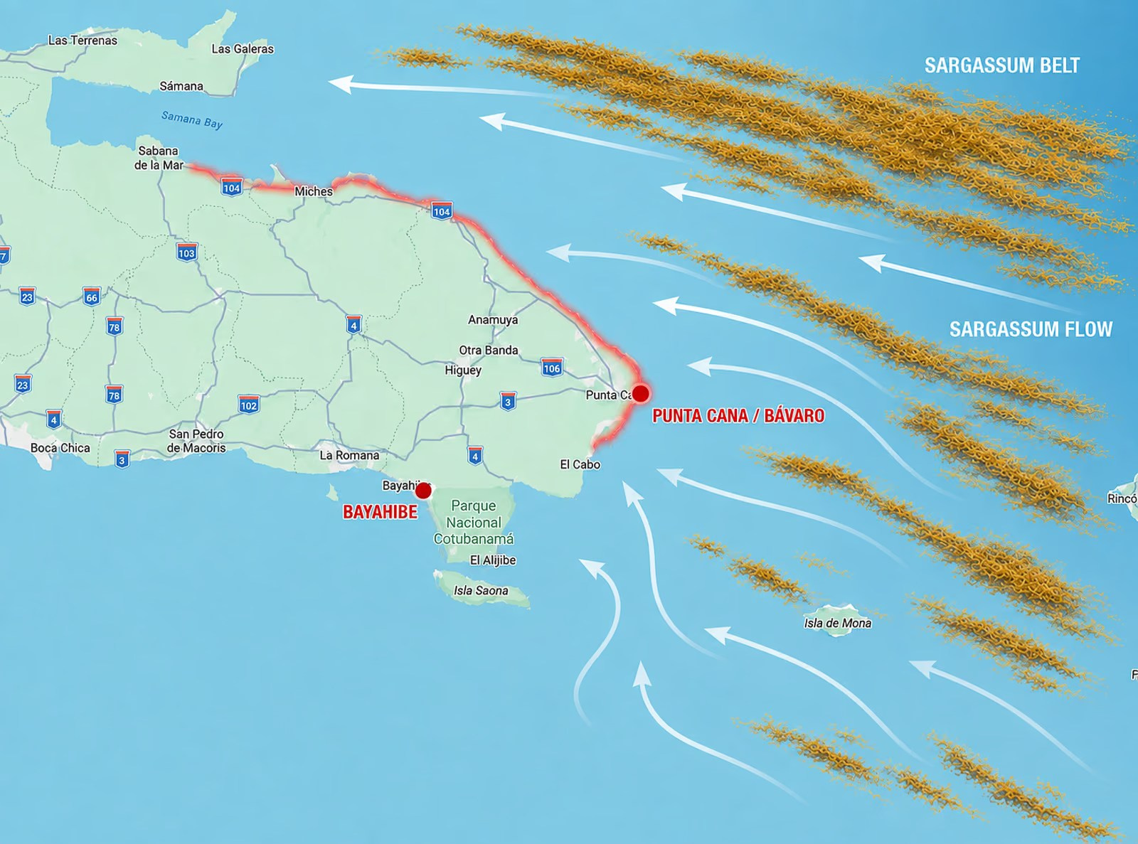 Map showing Sargassum movement toward the Dominican Republic coast