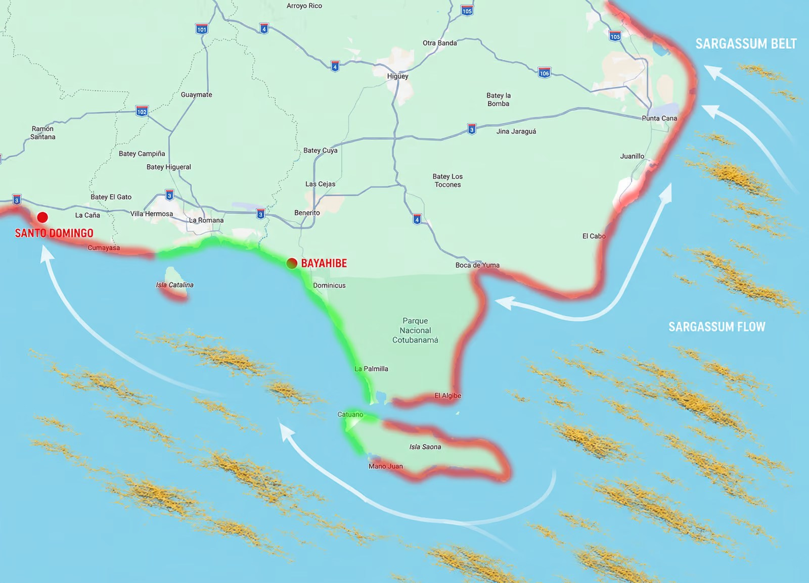 Map showing why Bayahibe usually has less sargassum than Punta Cana