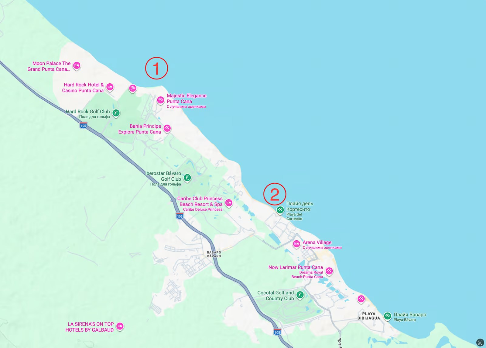 Map showing live webcam locations on Bavaro Beach in the Dominican Republic