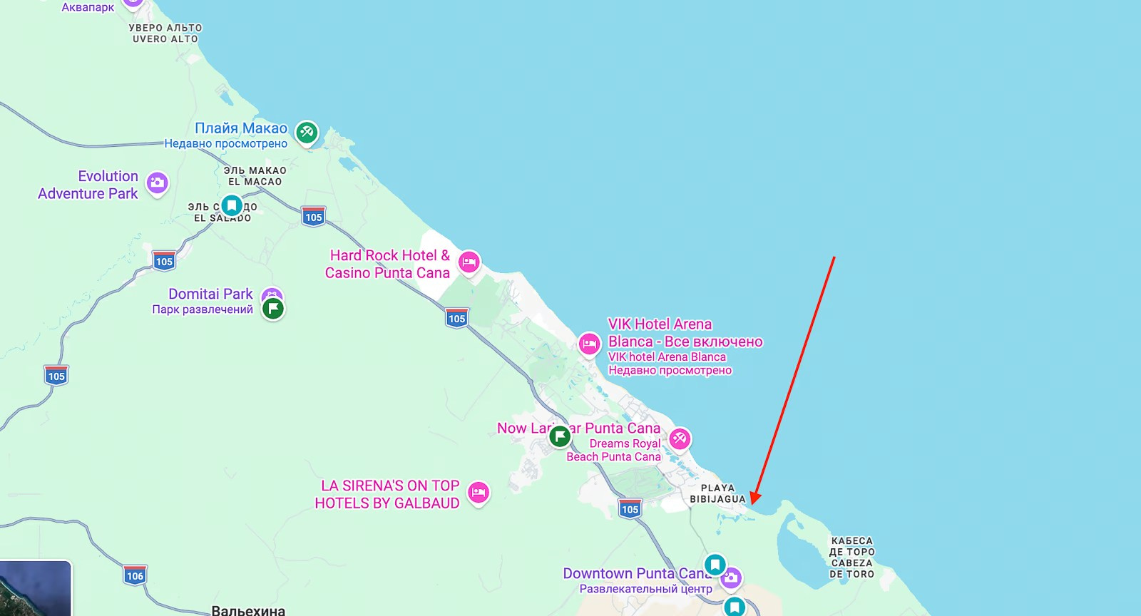 Map of Bavaro Beach with photoshoot locations in Punta Cana