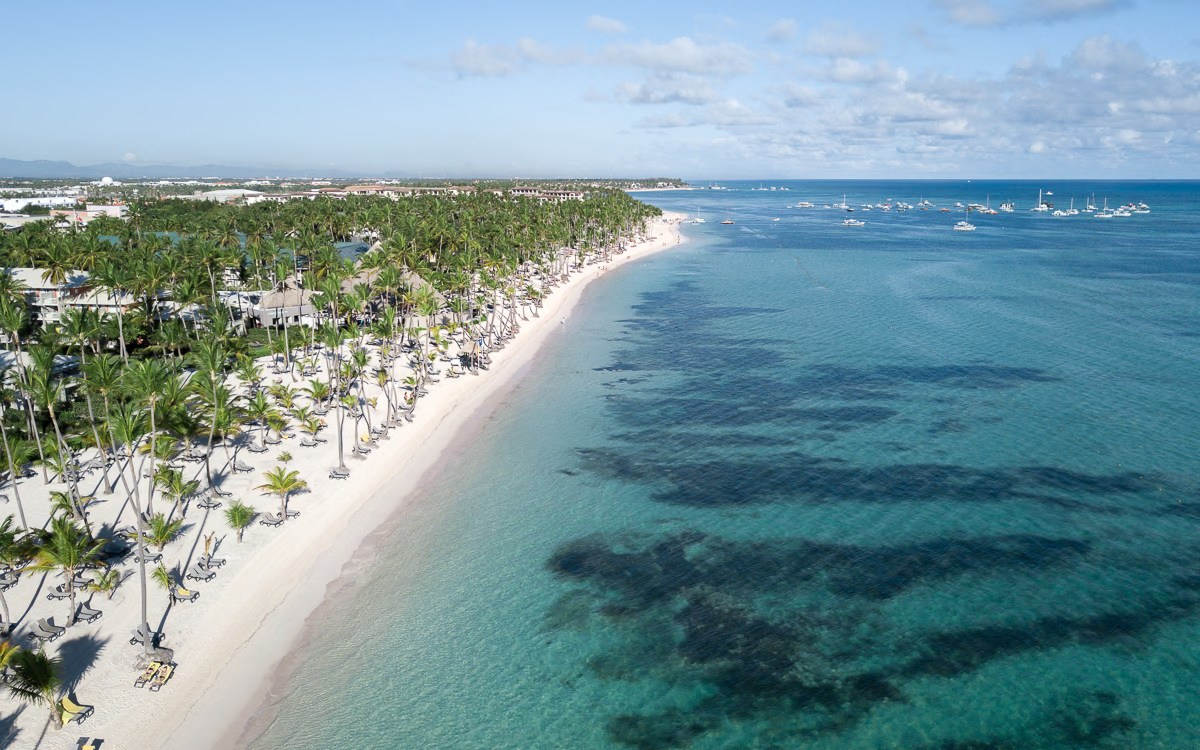 Drone view of Bavaro Beach in the Dominican Republic on a sunny day