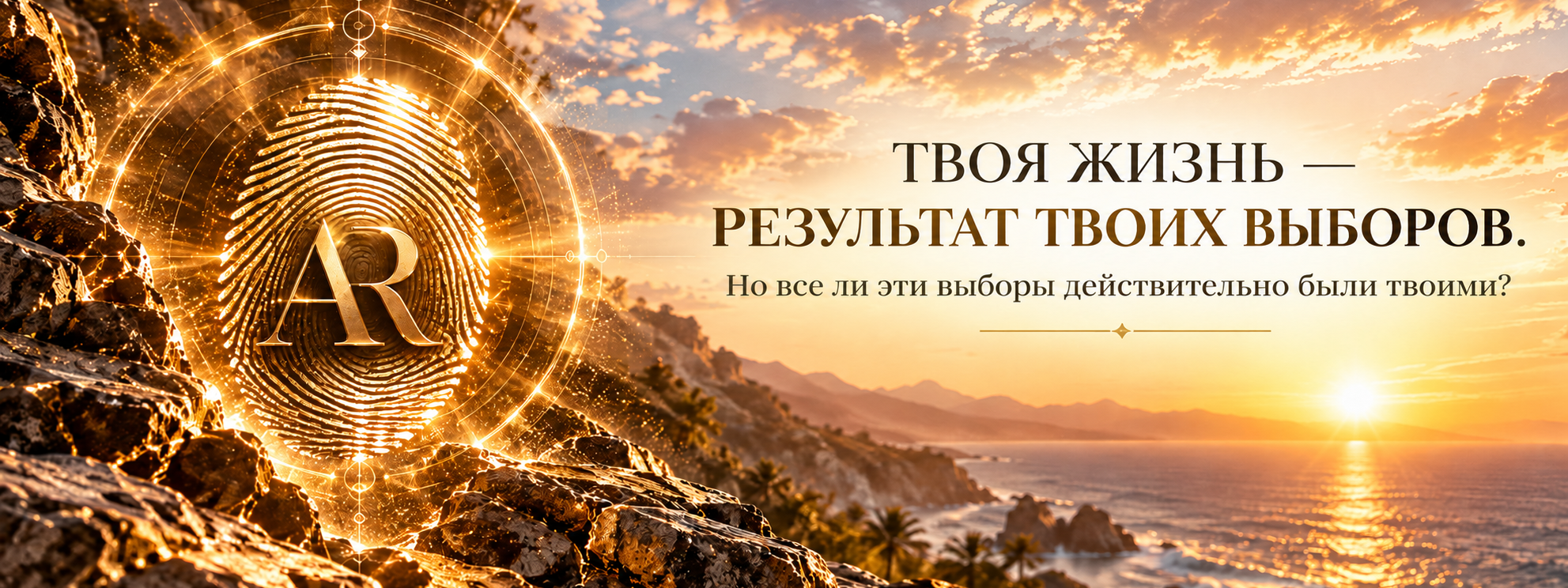 Золотой отпечаток пальца с монограммой AR на фоне морского заката. Авторский сайт Айки Ричардс, индивидуальные практики и исследование сознания.