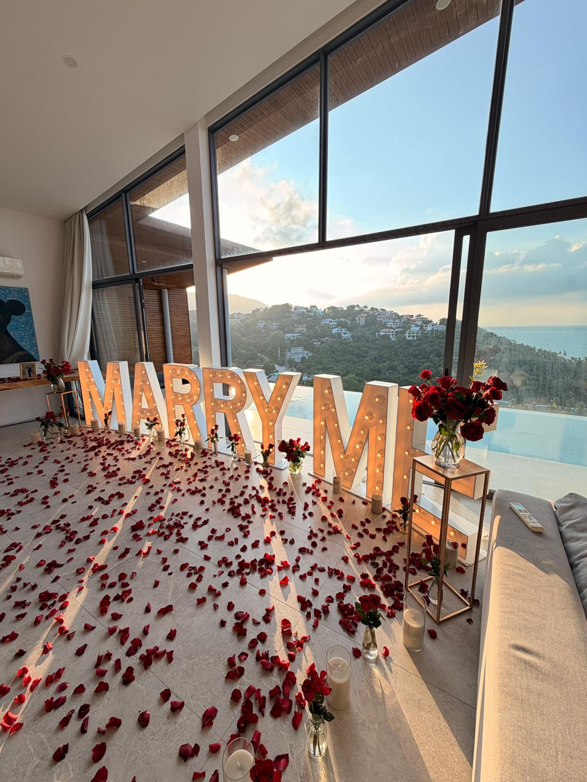Romantic marriage proposal at a private villa in Koh Samui, Thailand.