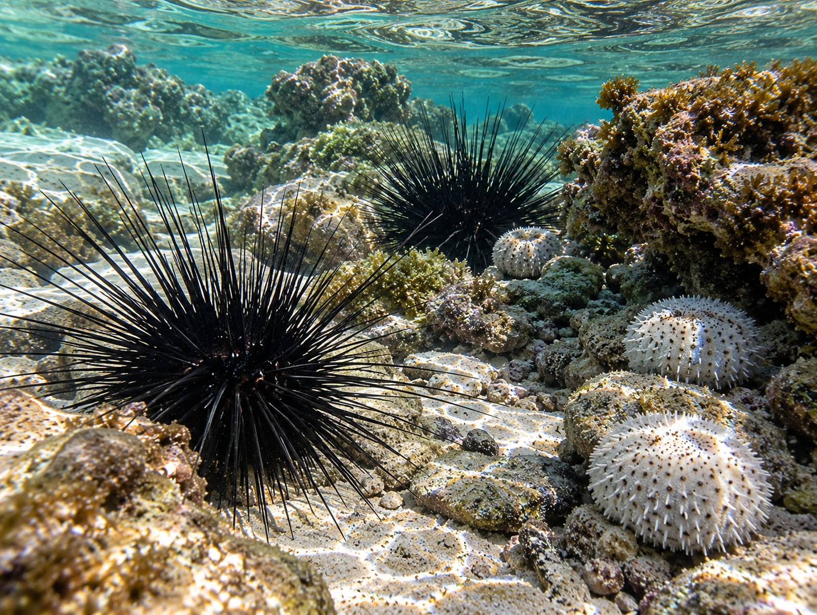 White and black sea urchins found near Bavaro Beach