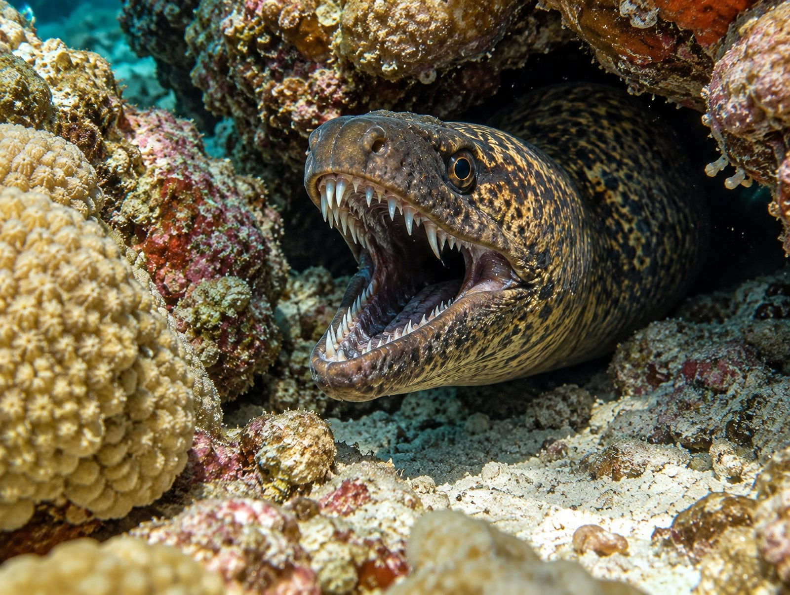 Moray eel hiding in a hole with its mouth open in the waters of Bavaro Beach