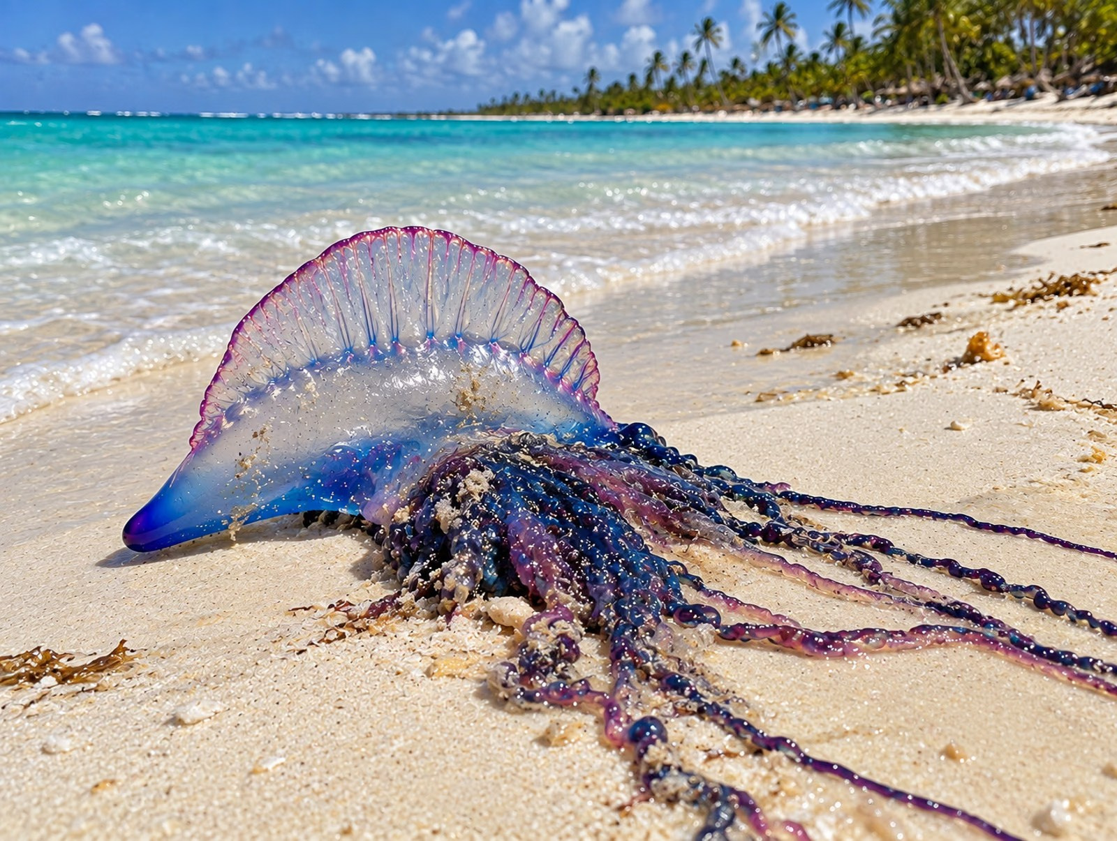 Portuguese man o’ war washed up on a beach in Punta Cana