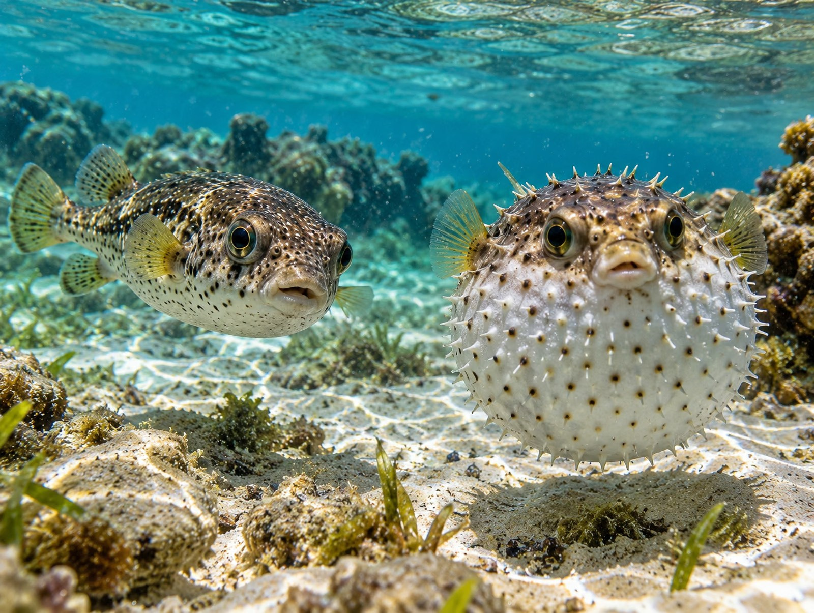 Pufferfish before and after inflating near Bavaro Beach in the Dominican Republic