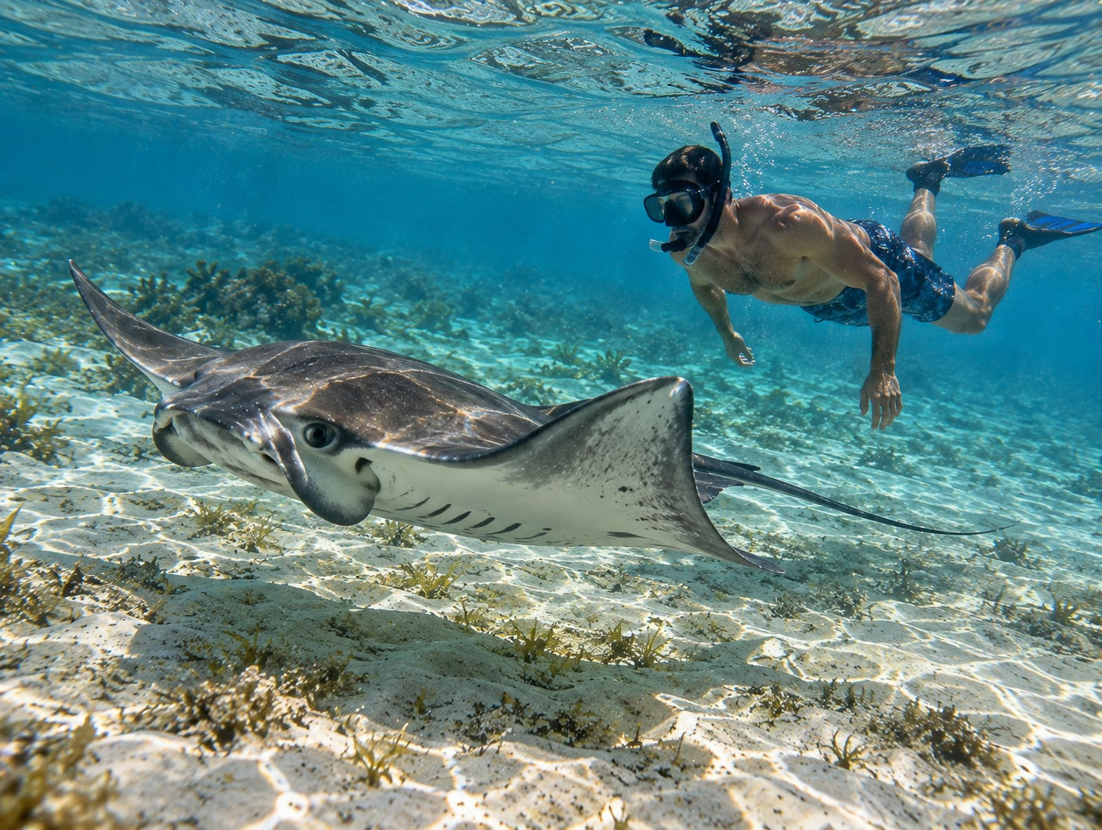 Huge manta ray next to a person in shallow water at Bavaro Beach