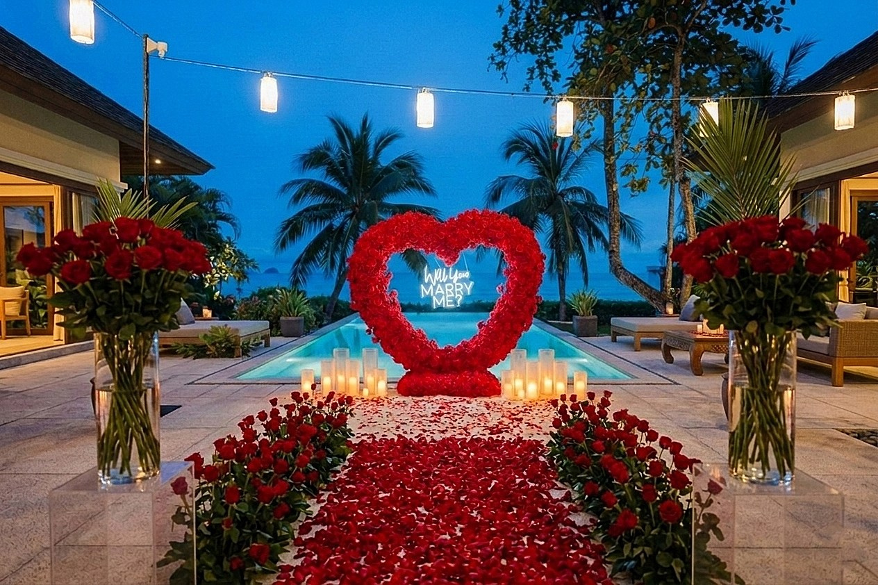 Romantic marriage proposal at a private villa in Koh Samui, Thailand.