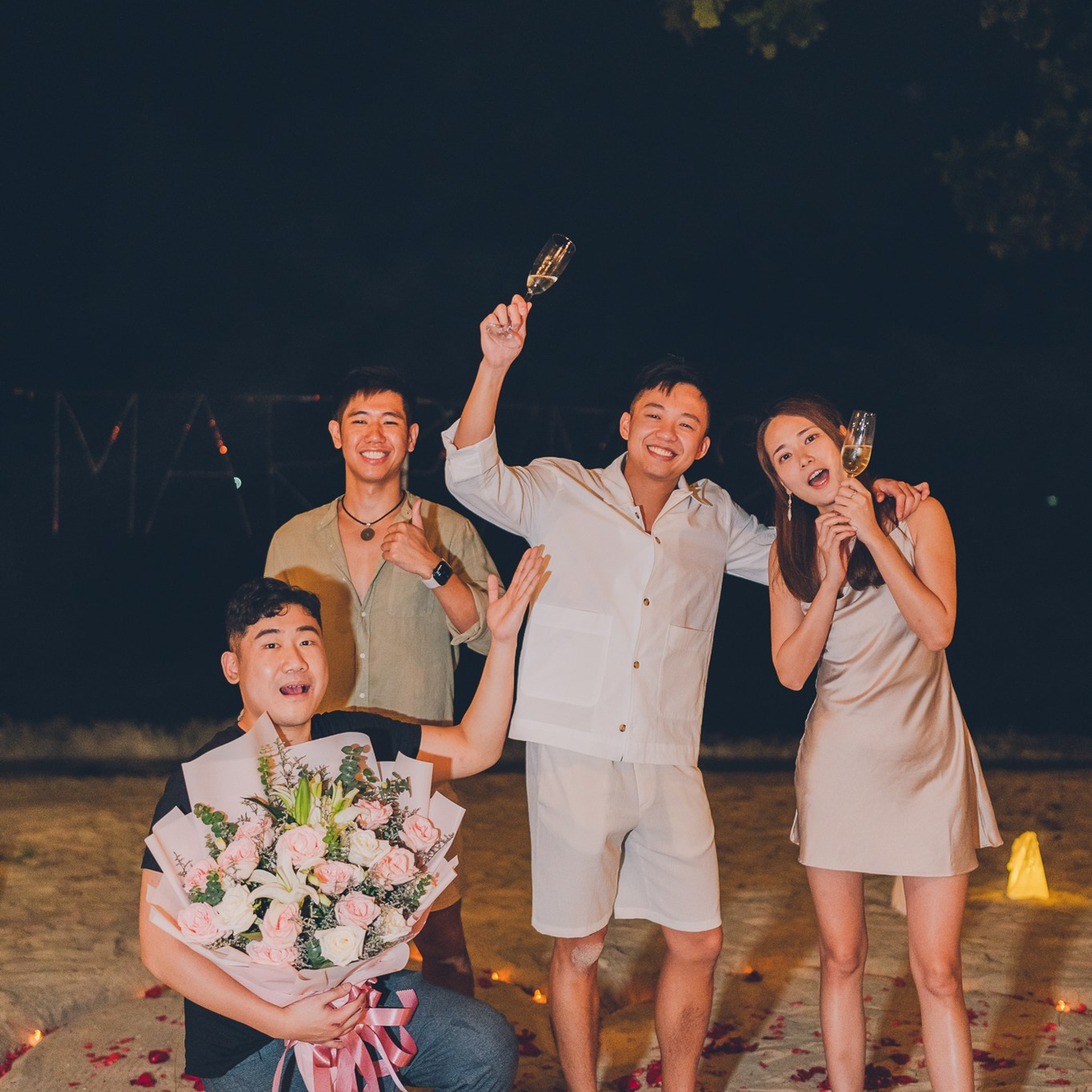 Luxury beach proposal in Koh Samui, Thailand. Private sunset setup with candles, flowers, and ocean view for an unforgettable engagement experience.