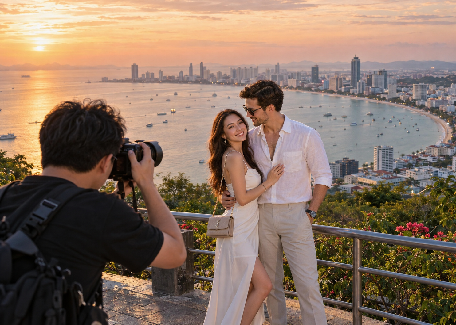 Professional photographer capturing a romantic couple at Pattaya Viewpoint with panoramic views of Pattaya Bay at sunset.