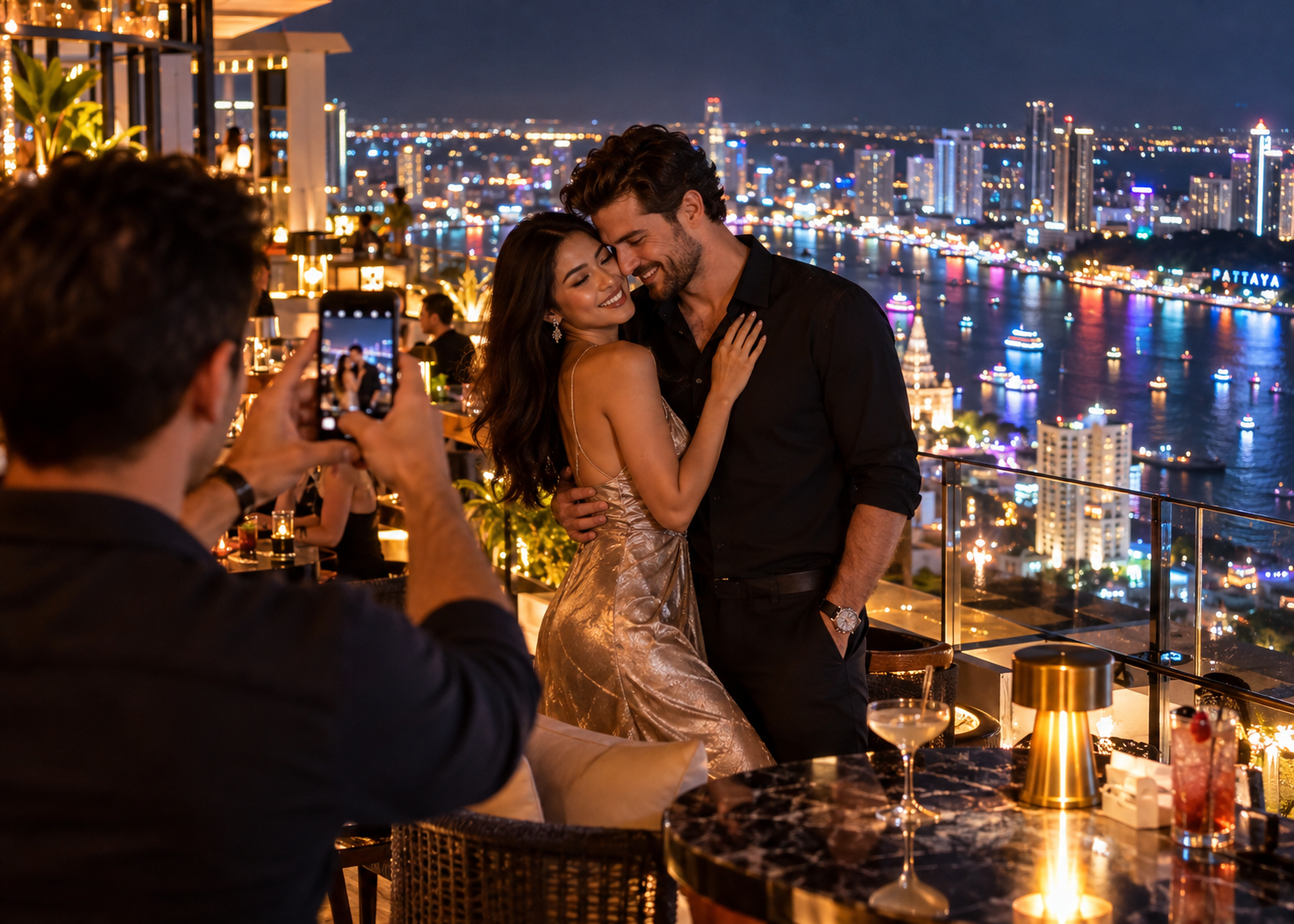 Romantic couple celebrating their engagement at a rooftop bar in Pattaya with sparkling city lights and a photographer capturing the moment.