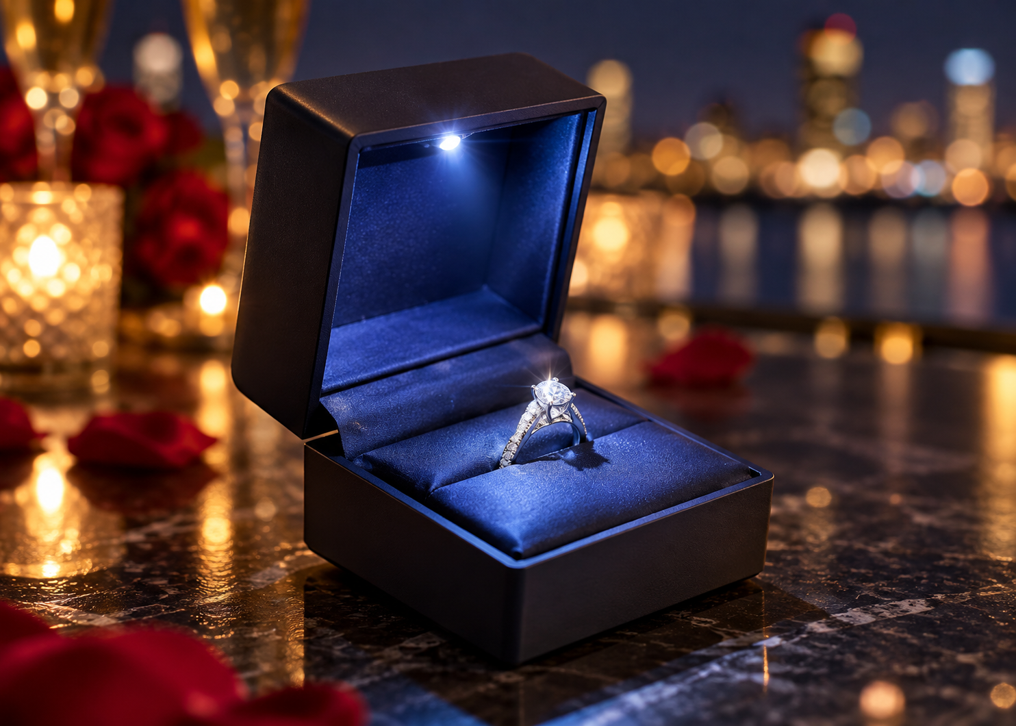 Elegant engagement ring displayed in an illuminated ring box with romantic evening lights in the background.
